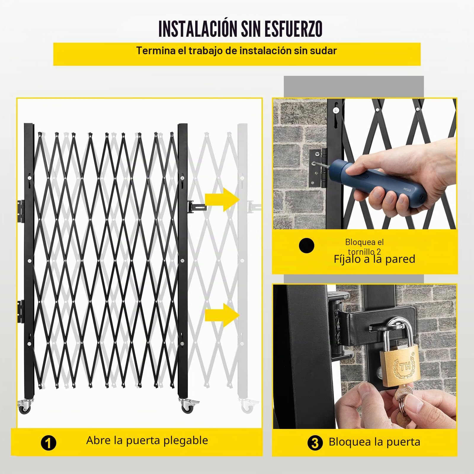 VEVOR Barrera de Seguridad Extensible Plegable Simple, 1,9 m H x 1,26 m L, Valla de Escalera de Acero, rodante a 360°, Barrera de Tijera o Puerta con Cadenas, para casa sótano de Garaje, Negro