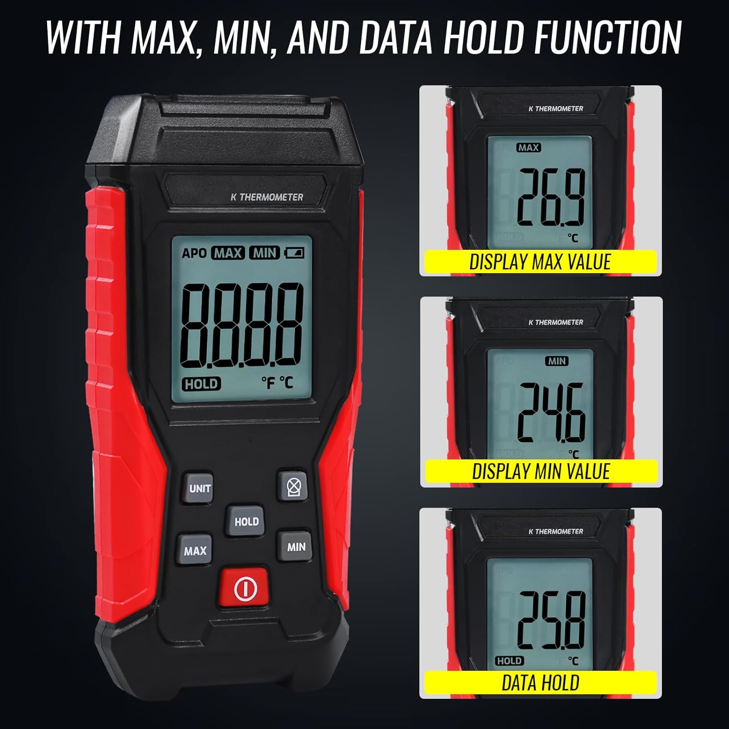 Digital Type K Thermocouple Thermometer HVAC Temperature Clamp Meter, -328°F~2501°F Range Single Channel K-Type Temperature Meter Gauge with Thermocouples & Lead Probe Pipe Clamp Measures -40°F~392°F