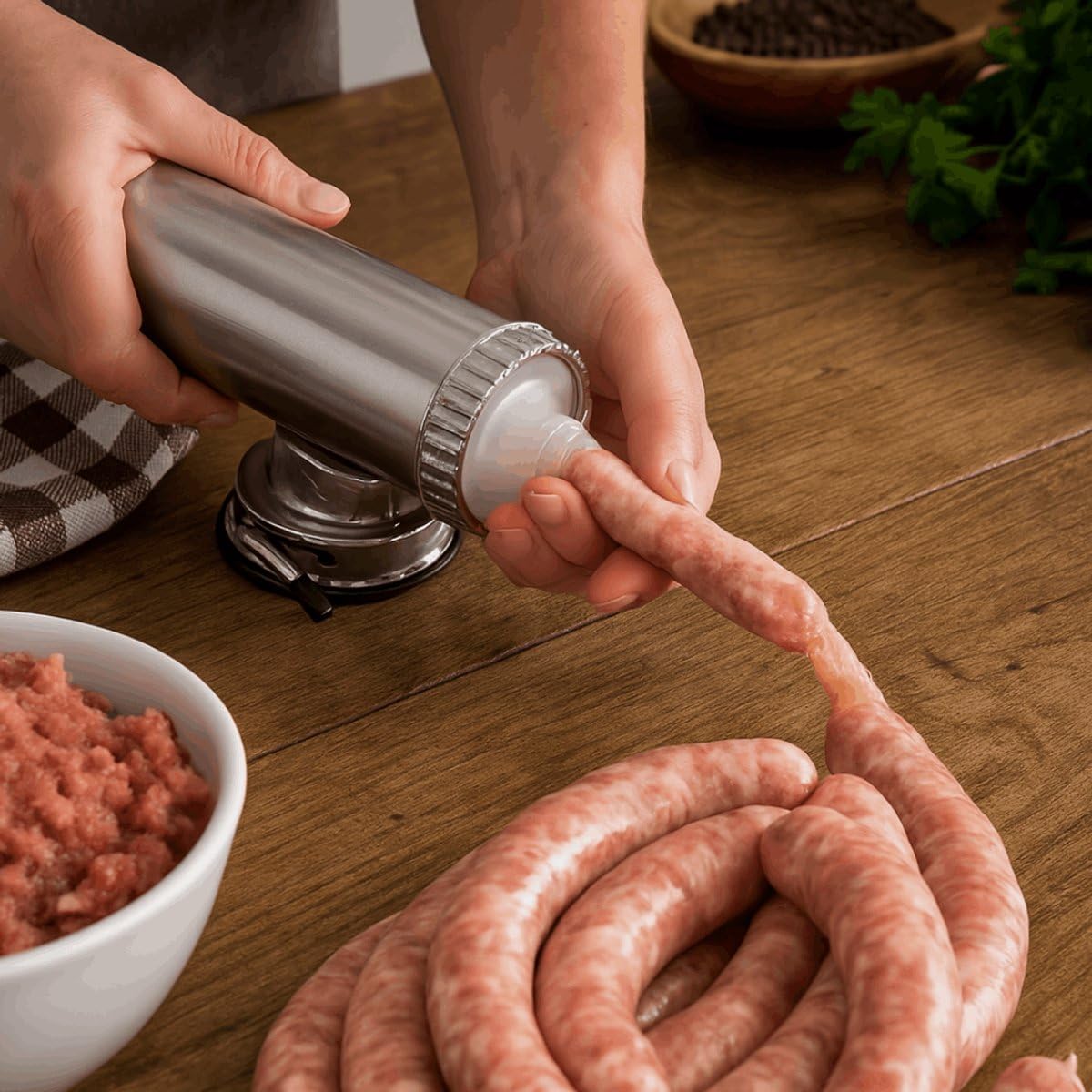 Macchina per salsicce professionale in acciaio inox con 3 beccucci – Insaccatrice manuale/riempitrice per carne – Insaccatore a manovella per salsicce fatte in casa – Argento