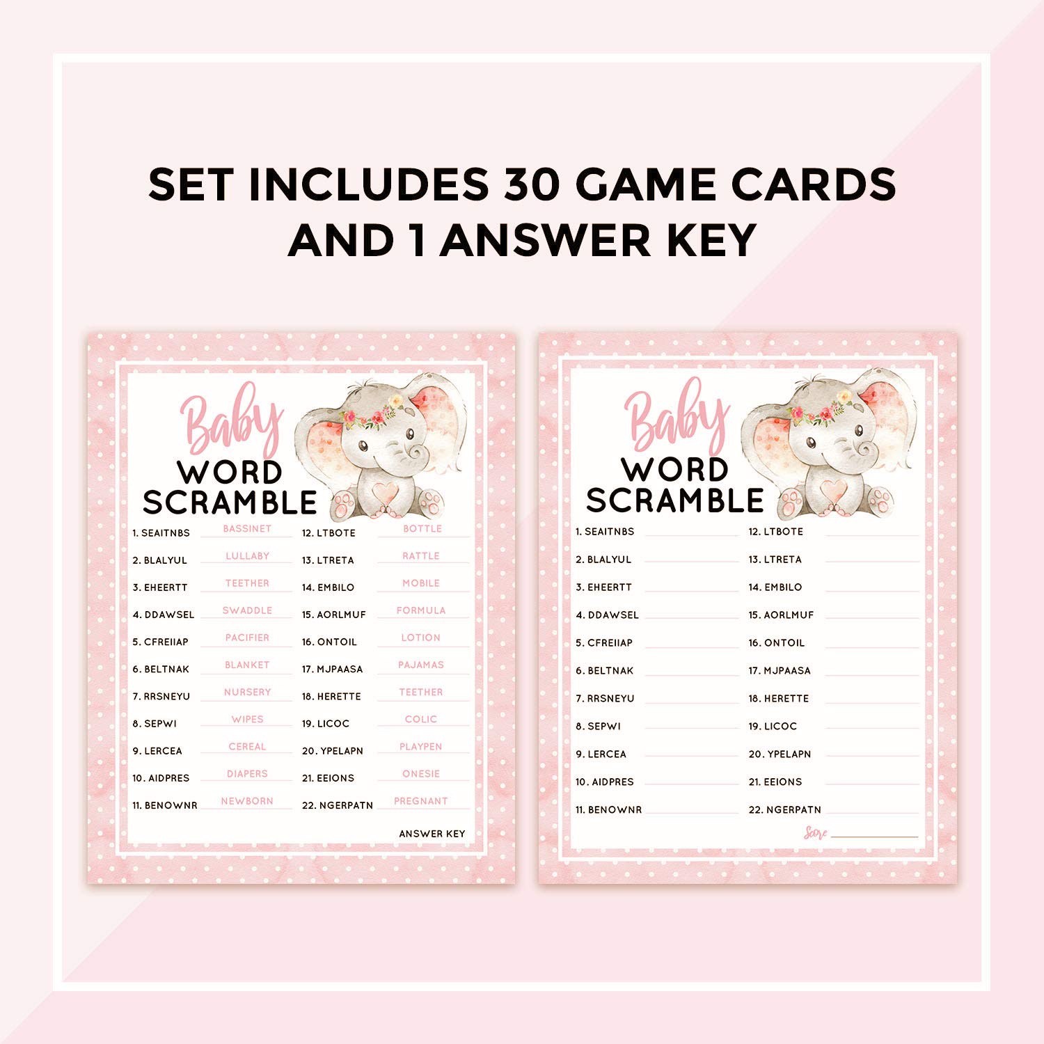 30 Pink Elephant Baby Word Scramble Baby Shower Game and Activity Easy to Play- Gender Reveal New Parent Women Men or Kids- 5x7