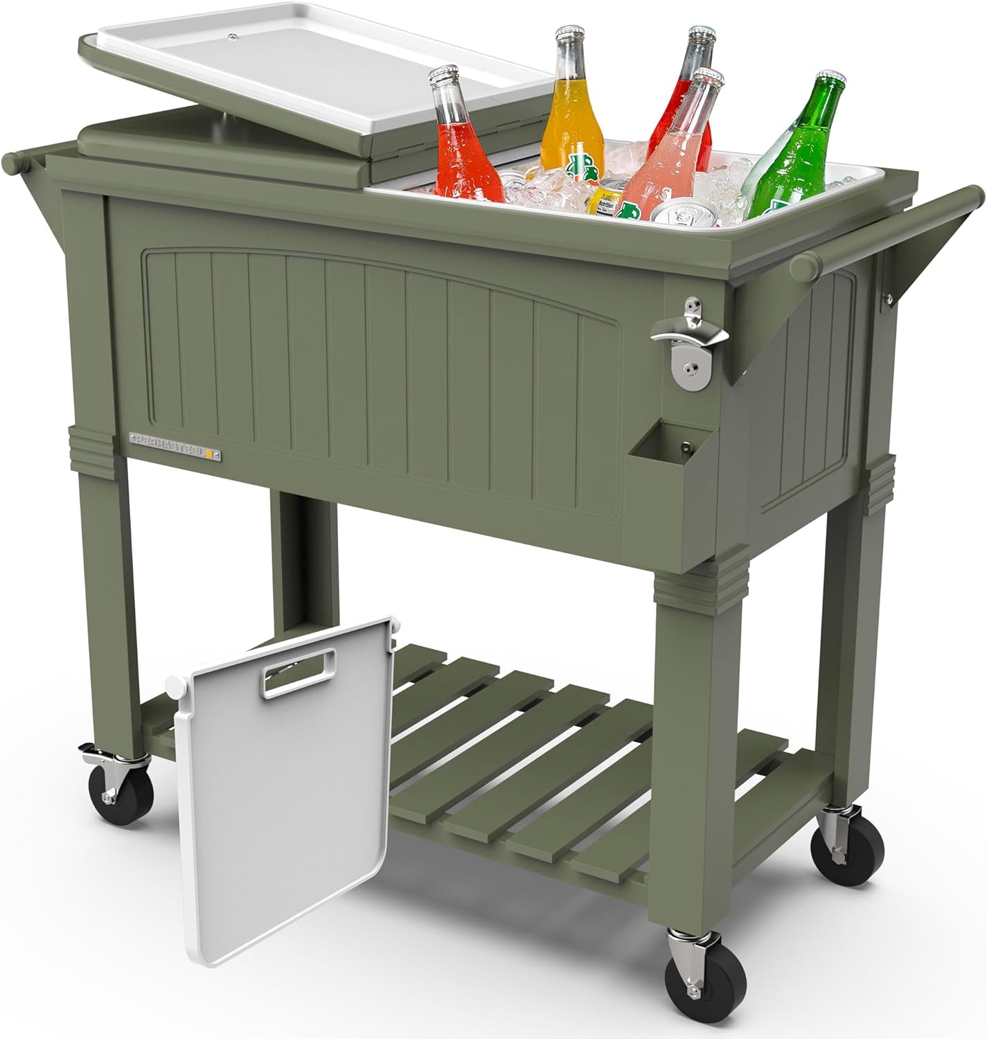 Permasteel Party Cooler with Divider, Spacious 80-Qt Capacity, Chills 36hrs, Serving Tray, Rolling Ice Chest for Indoor and Outdoor Entertainment, Matte Green