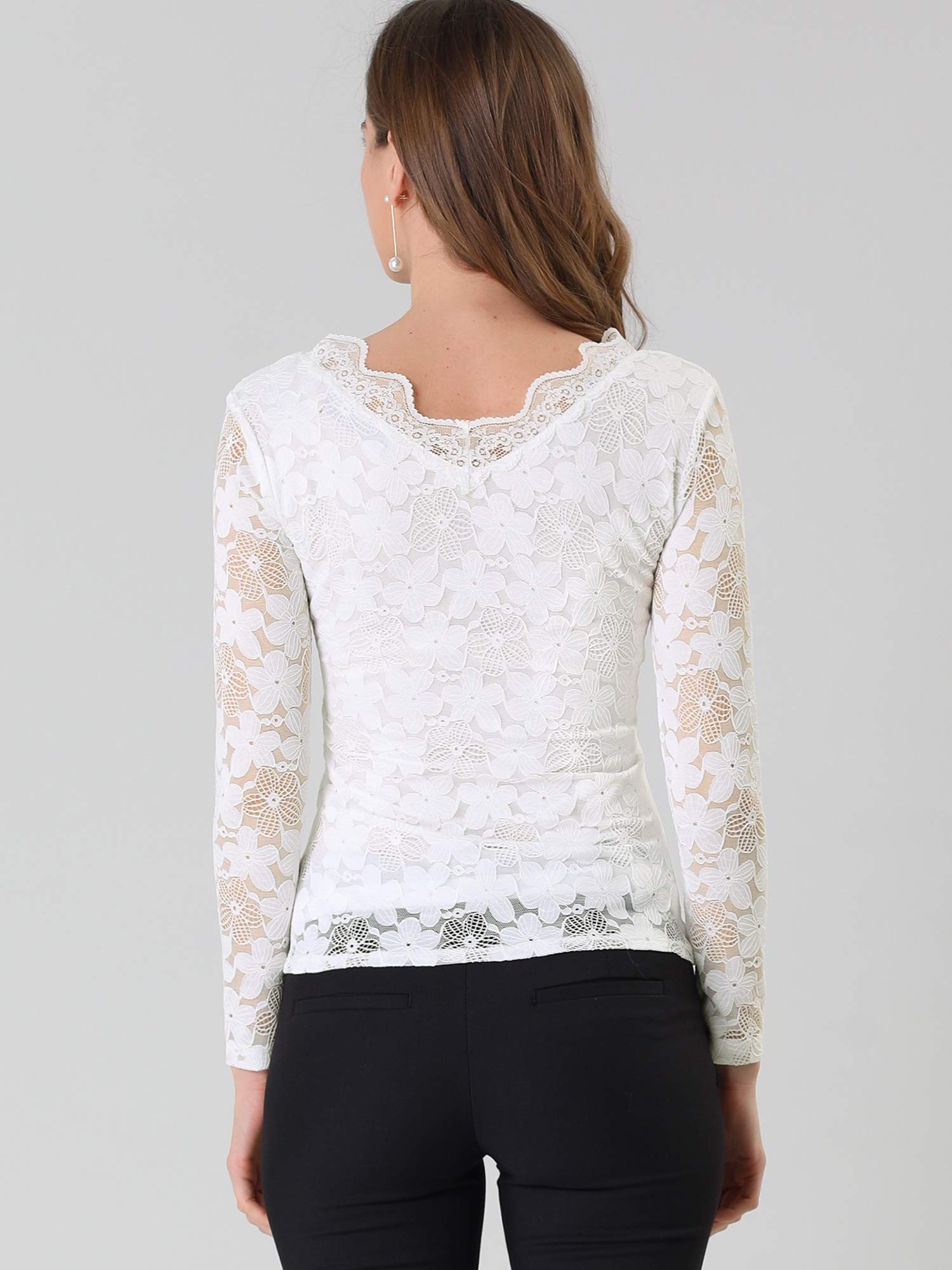 Allegra K Damen Langarm Durchsichtig Spitze Dirndl Trachtenbluse Oberteil Rüschenkragen Mesh Blumen Lace Top Bluse