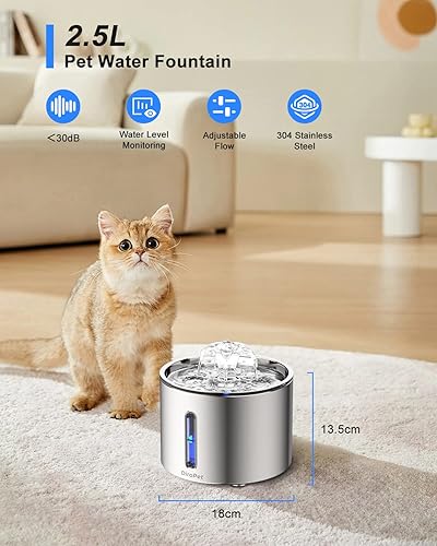 Miniatura 6 de Fuente de agua para gatos de acero inoxidable, fuente automática de agua para mascotas de 84 onzas2.5 L para gatos en el interior, fuente de nivel