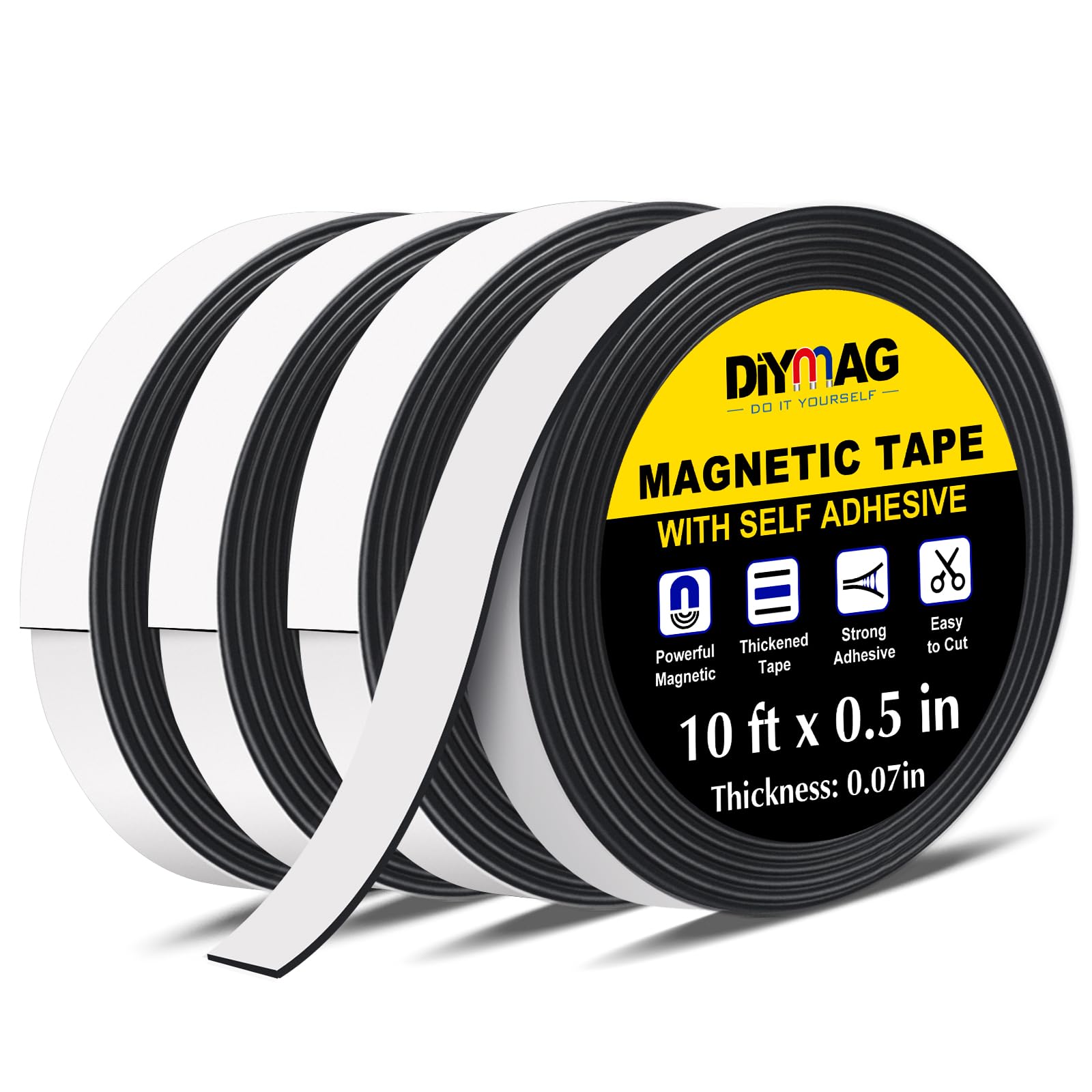 DIYMAG Magnetic Tape, 10 Feet x 1/2 Inch 4 Rolls Strong Magnetic Strip with Self Adhesive Flexible Magnet Tape Roll for Lightweight Craft, DIY