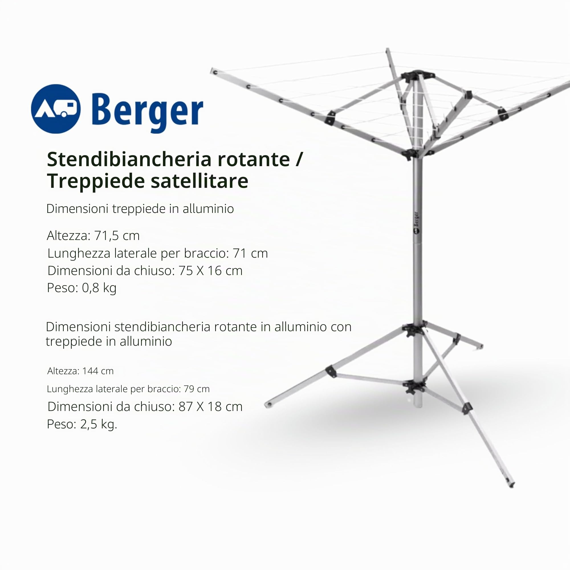 BERGER - Stendino per Esterno in Alluminio - Stendibiancheria a Ombrello Allungabile con Piedini Antiscivolo - Filo per Stendere 15,5m - Stendino Mobile da Campeggio o da Giardino Robusto e Resistente
