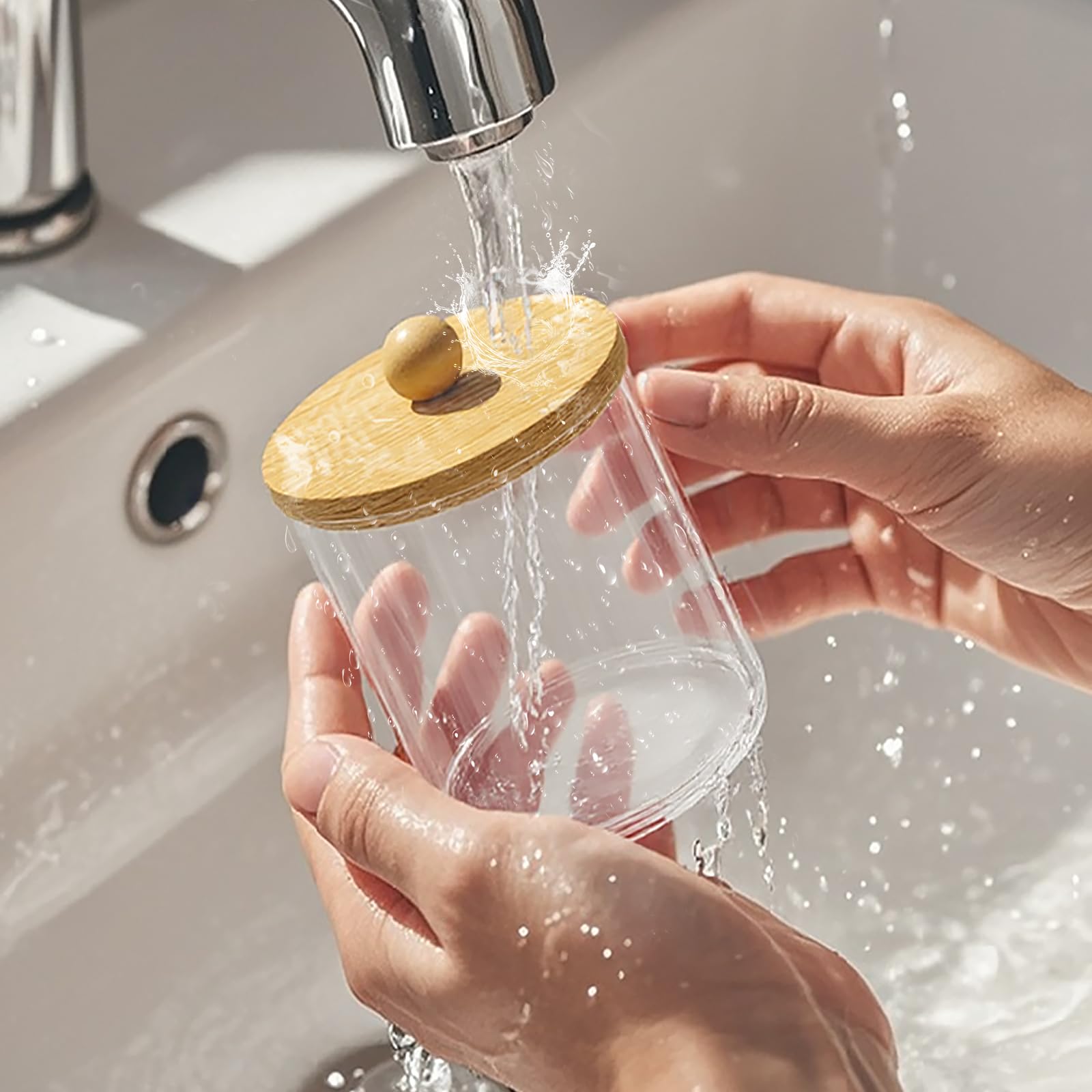 Apothekerglas-Behälter für Wattestäbchen, Bälle, Pads, Zahnseide für Badezimmer, transparent, Kunststoff, mit Bambusdeckel, 284 ml, 284 ml