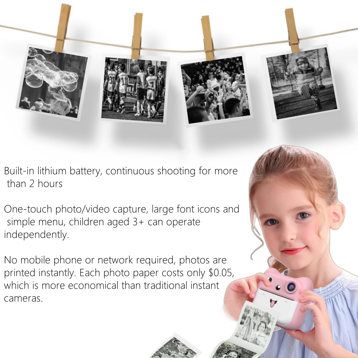Instant Print Camera for Kids, Kids Camera Instant Print Children's Day and Birthday Fun Gift, 1080P Selfie Digital Camera with Print Paper & 32G Card for 3 4 5 6 7 8 Years Old Boys and Girls (Pink +)