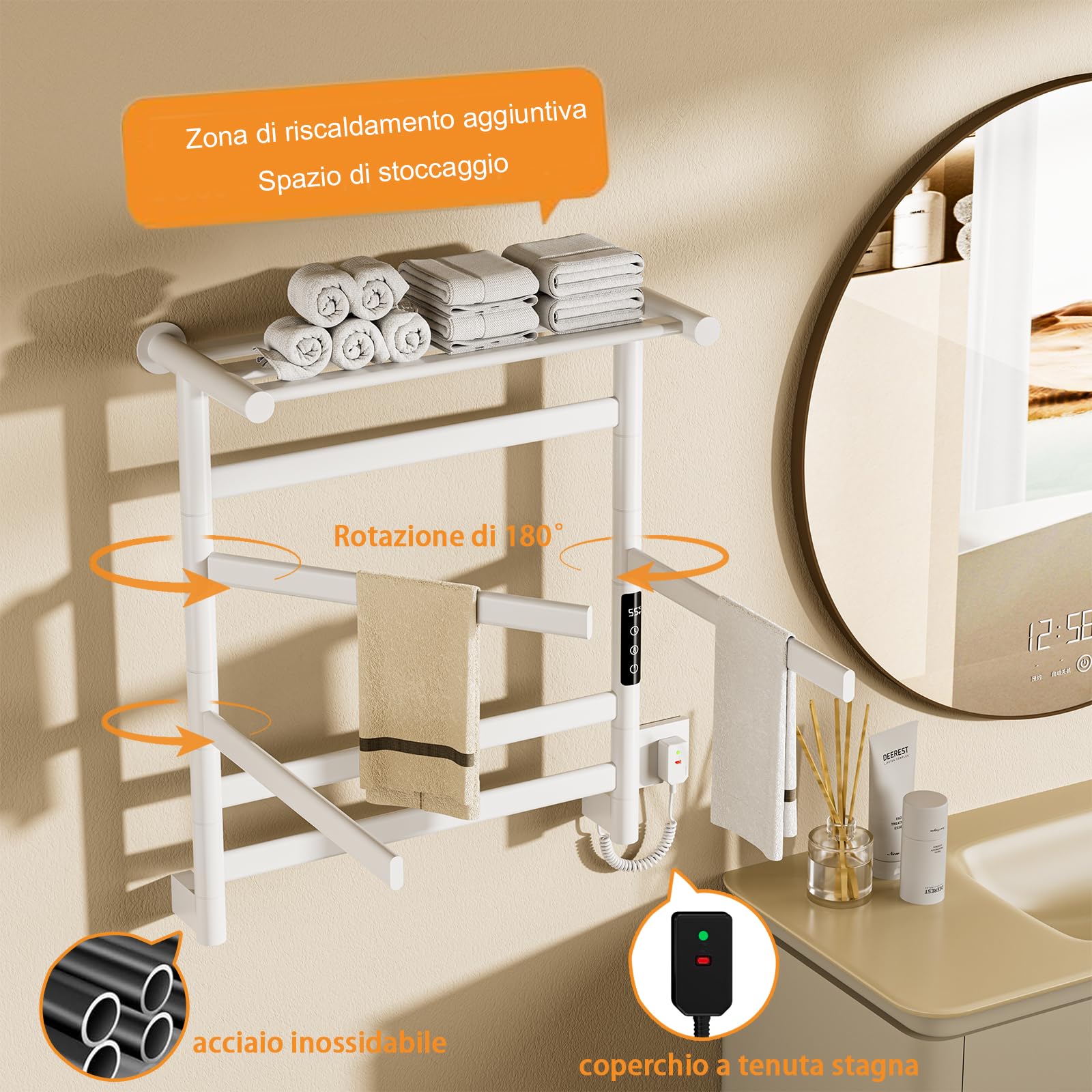 360W Scaldasalviette Elettrico Bagno con ripiano Superiore, Radiatore Scaldasalviette con 5 Barre (3 Barre Girevole 180°), Parete Termoarredo Elettrico, Controllo Tattile 35-70°C, IPX4, Bianco