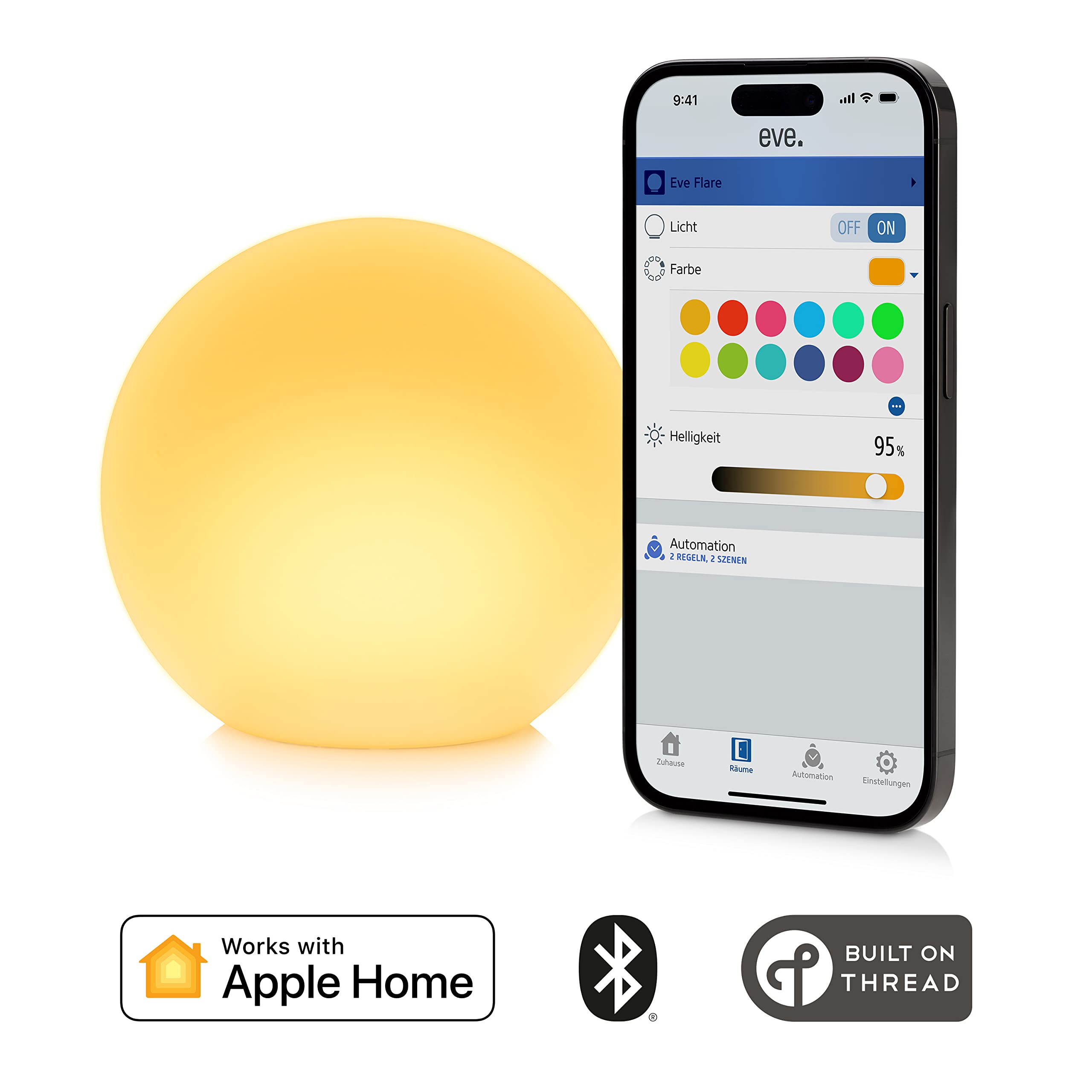 Eve Flare Tragbare smarte LED-Kugelleuchte wasserbeständig weißes & farbiges Licht 90 lm Ø 25 cm dimmbar Bluetooth Thread App-Steuerung