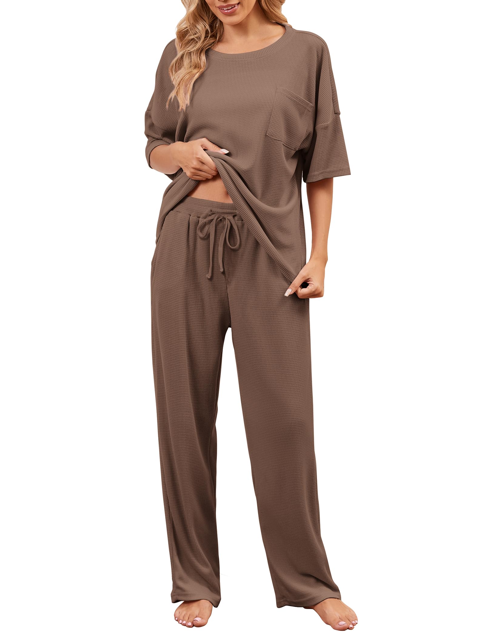 JiniGolla Womens Pajama Sets Waffle Knit Short Sleeve Shirt with Long Pajama Pants Soft Sleepwear Pj Lounge Sets