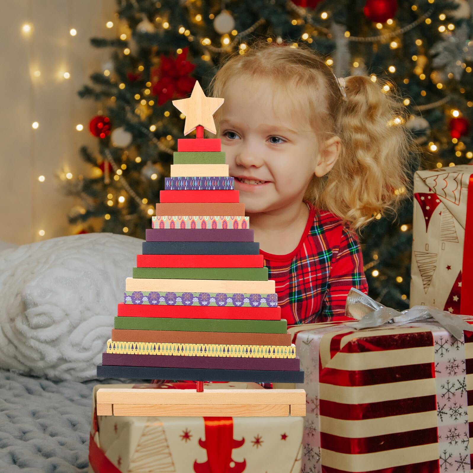 ULTECHNOVO Árbol de Navidad de Madera Giratorio Grande para Escritorio, Adorno Decorativo Navideño Artesanal, Decoración Navideña de Madera para Hogar y Oficina