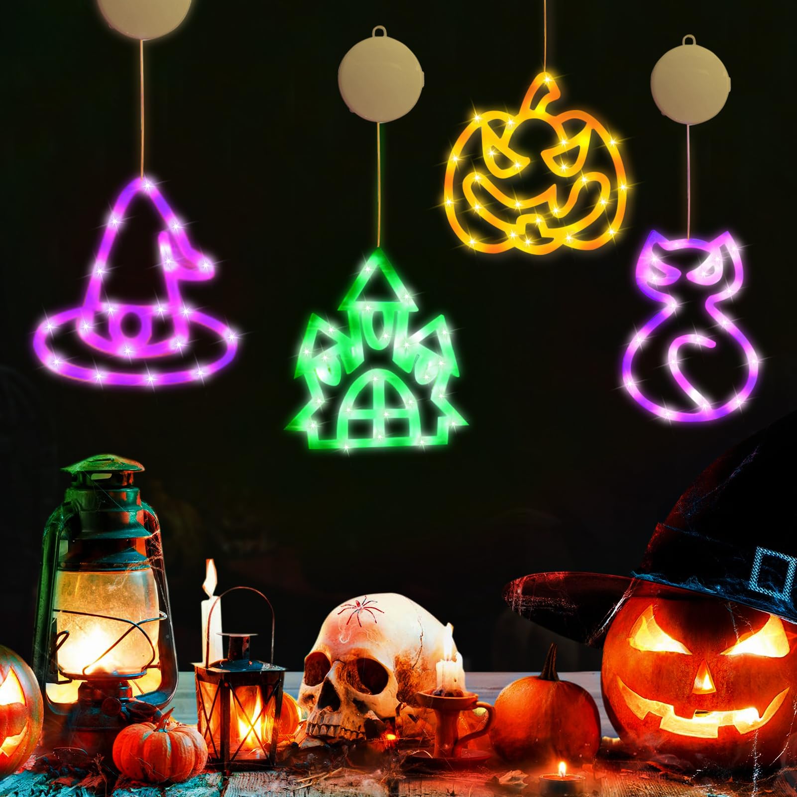 ABCD 4 Pack Halloween Window Decorations - Pumpkin Ghost Lights with Suction Cup, Battery Operated, Party Decor