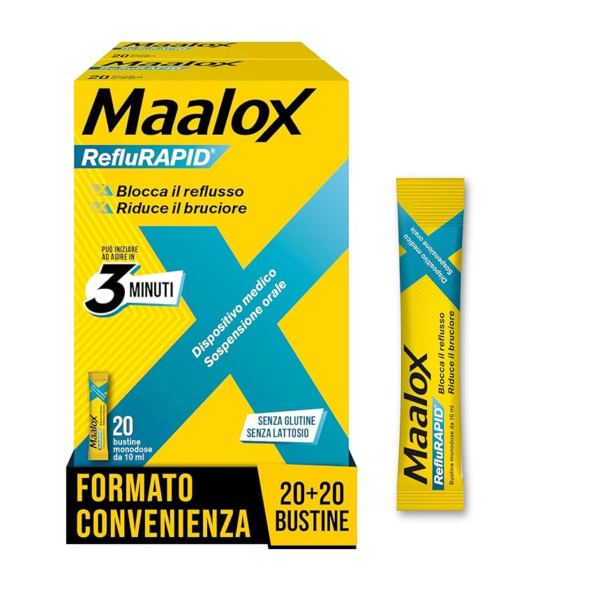 Maalox Reflurapid Blocca il Reflusso Gastroesofageo, Riduce Bruciore e Acidità di Stomaco, anche in Gravidanza - con Bicarbonato di Sodio, Senza Glutine, Senza Lattosio (40 Bustine Gusto Menta)