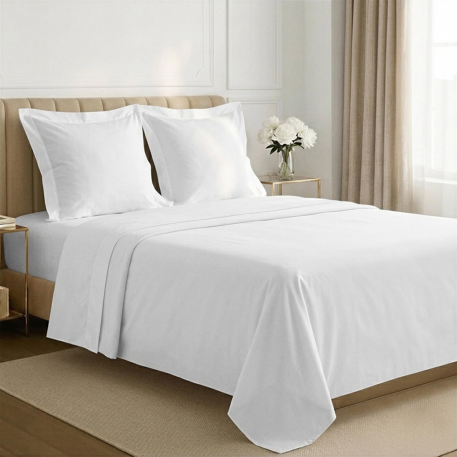 Pizuna Coton Parure de Lit 180x200 cm Blanc 400 Fils | Tissu de Satin de Coton Longue durée Comprend 1 Drap Housse, 1 Drap Plat & 2 Taies D'oreiler