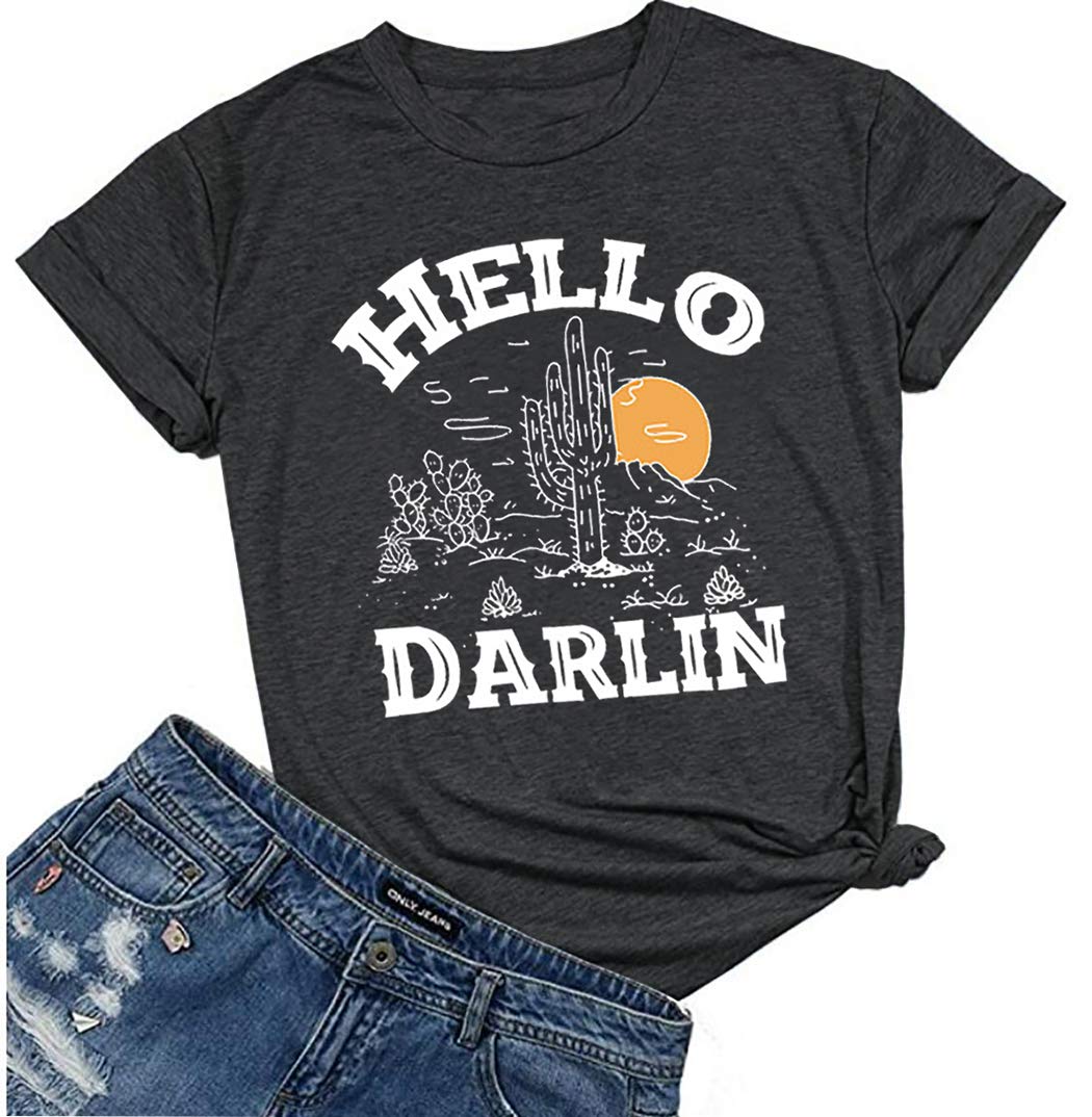 SusongethHello Darlin Cute T-Shirt for Women Cactus Sunrise Graphic Tees Hiking Mountain Climbing Funny Short Sleeve Shirt Tops