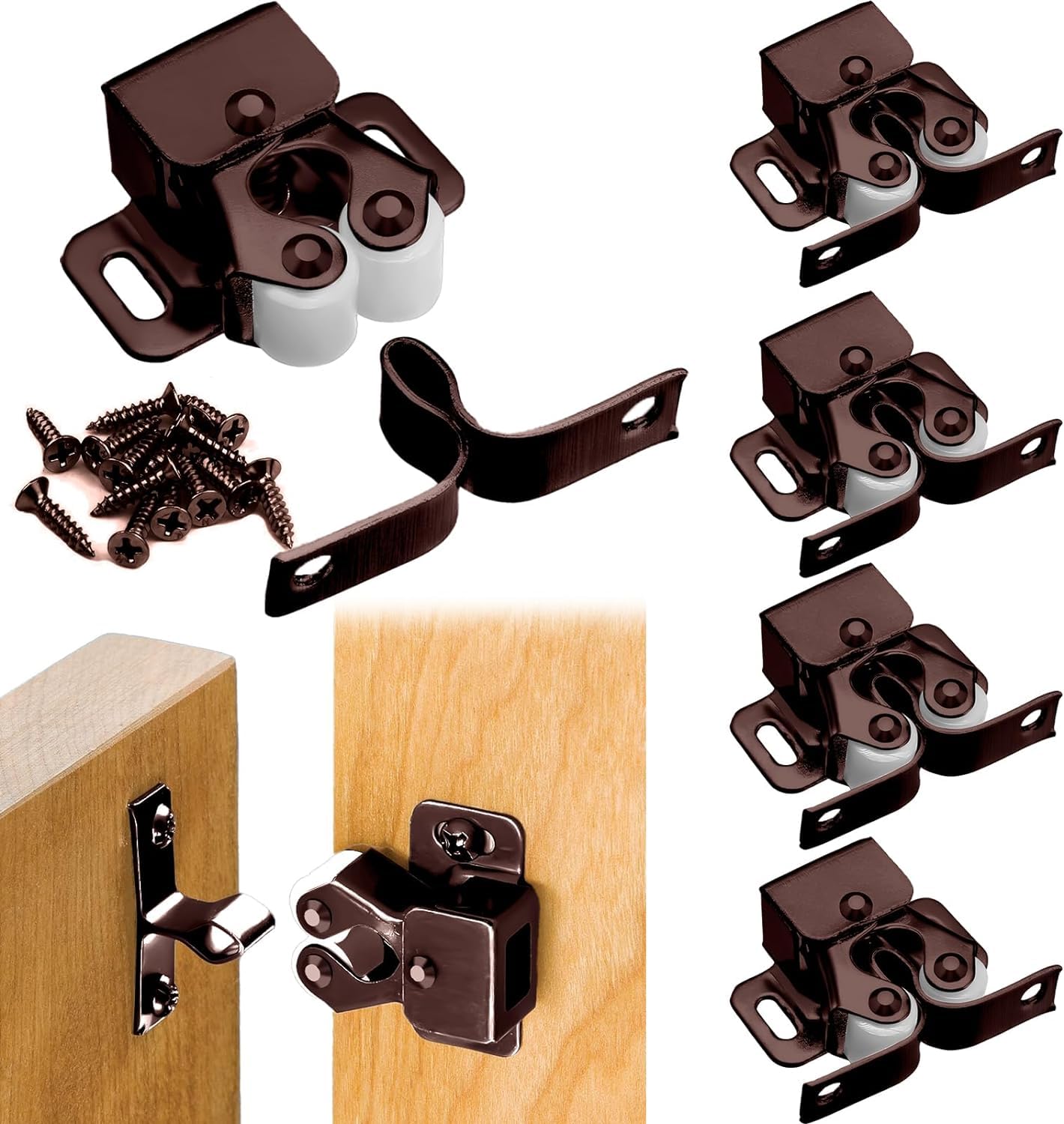 Rethan Double Roller Door Catches, 6 Pcs Cabinet Latch Double Roller Catch Hardware, Double Roller Cupboard Door Latch for Lockers, Cupboard, Closet Door (Reddish Bronze)
