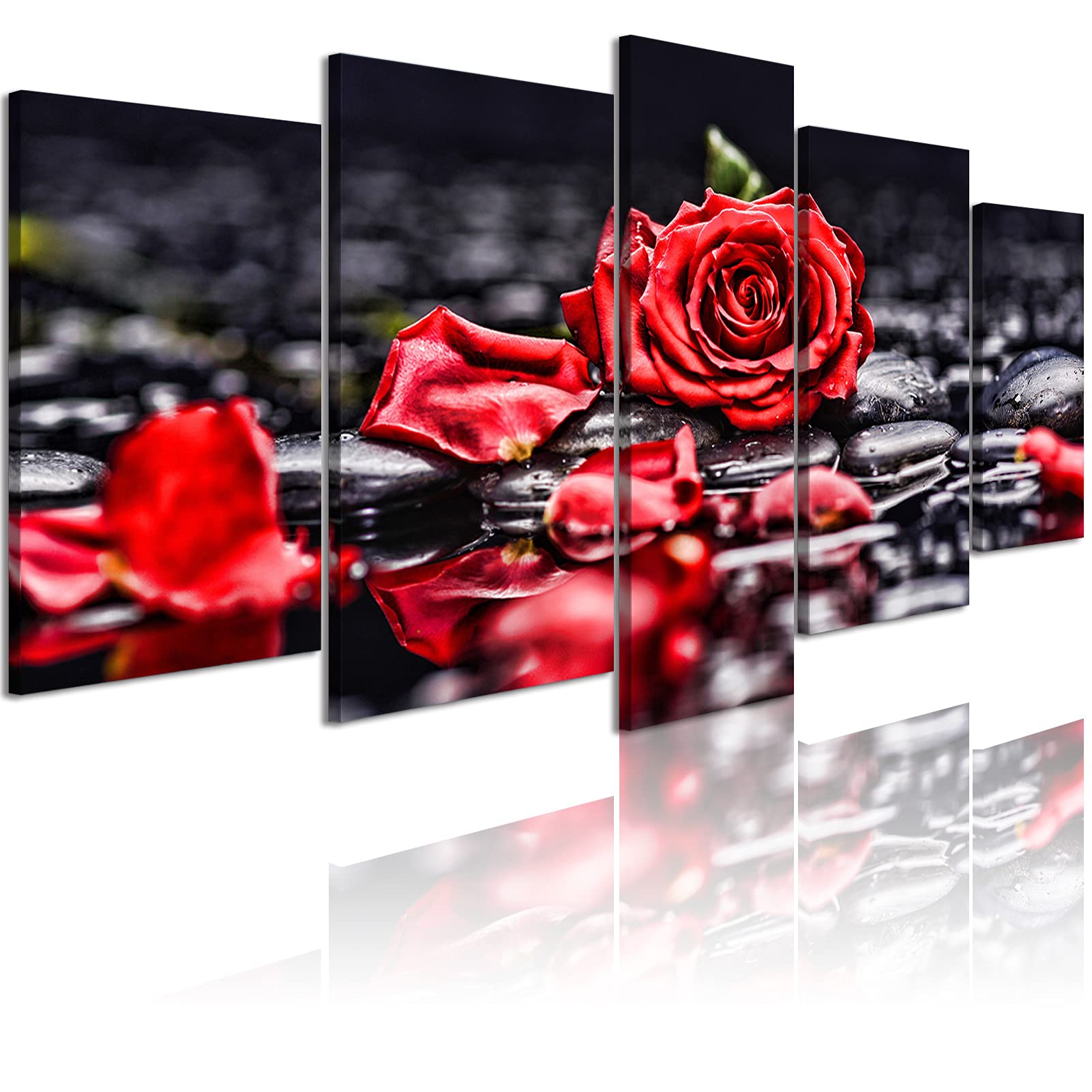 Sdmikeflax 5 Piece Black and Red Rose Flower Canvas Wall Art, Multi Panel Set Blossom Floral Print Picture, Modern Framed Artwork Home Decor for Girl Women Living Room Bedroom Ready to Hang, 43" x 22"