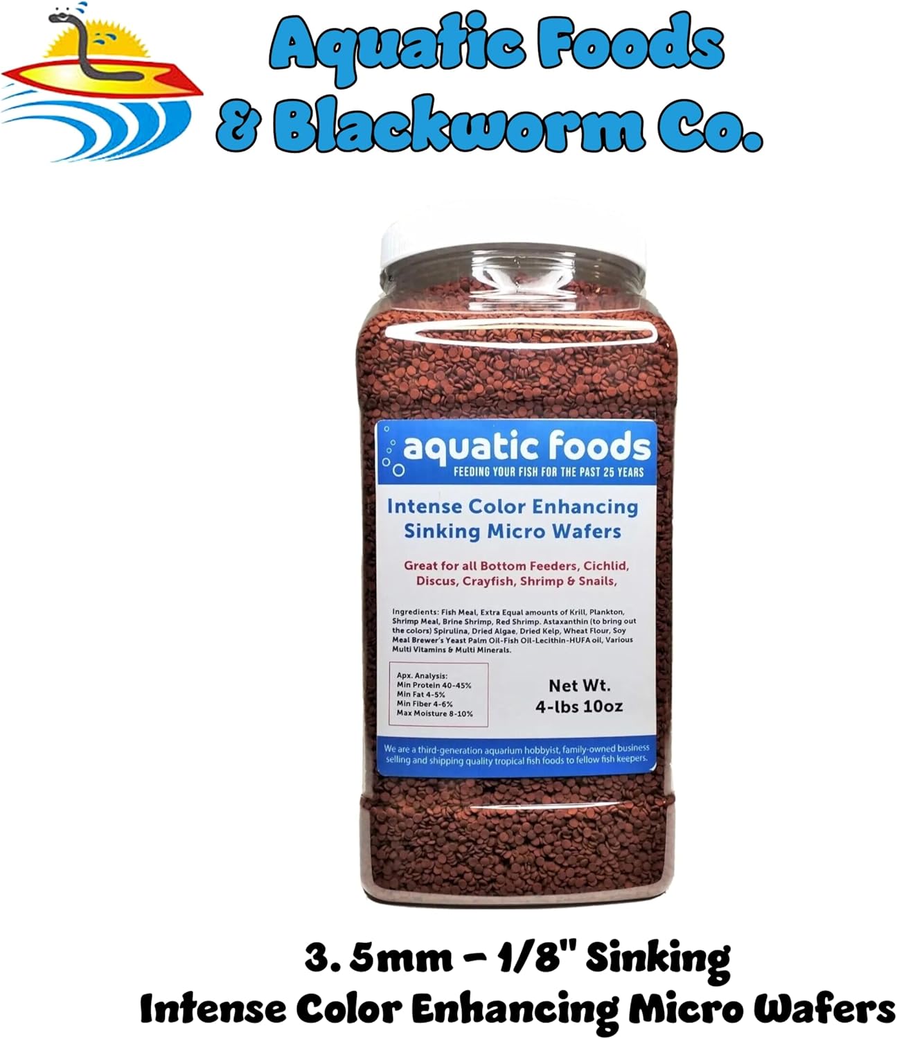 Aquatic Foods Inc. 3.5mm - 1/8" Color Enhancing Sinking Micro Wafers for Bottom Fish, Shrimp, Crabs, Crayfish, All Tropical Fish…4-lb & 10oz lg Jar