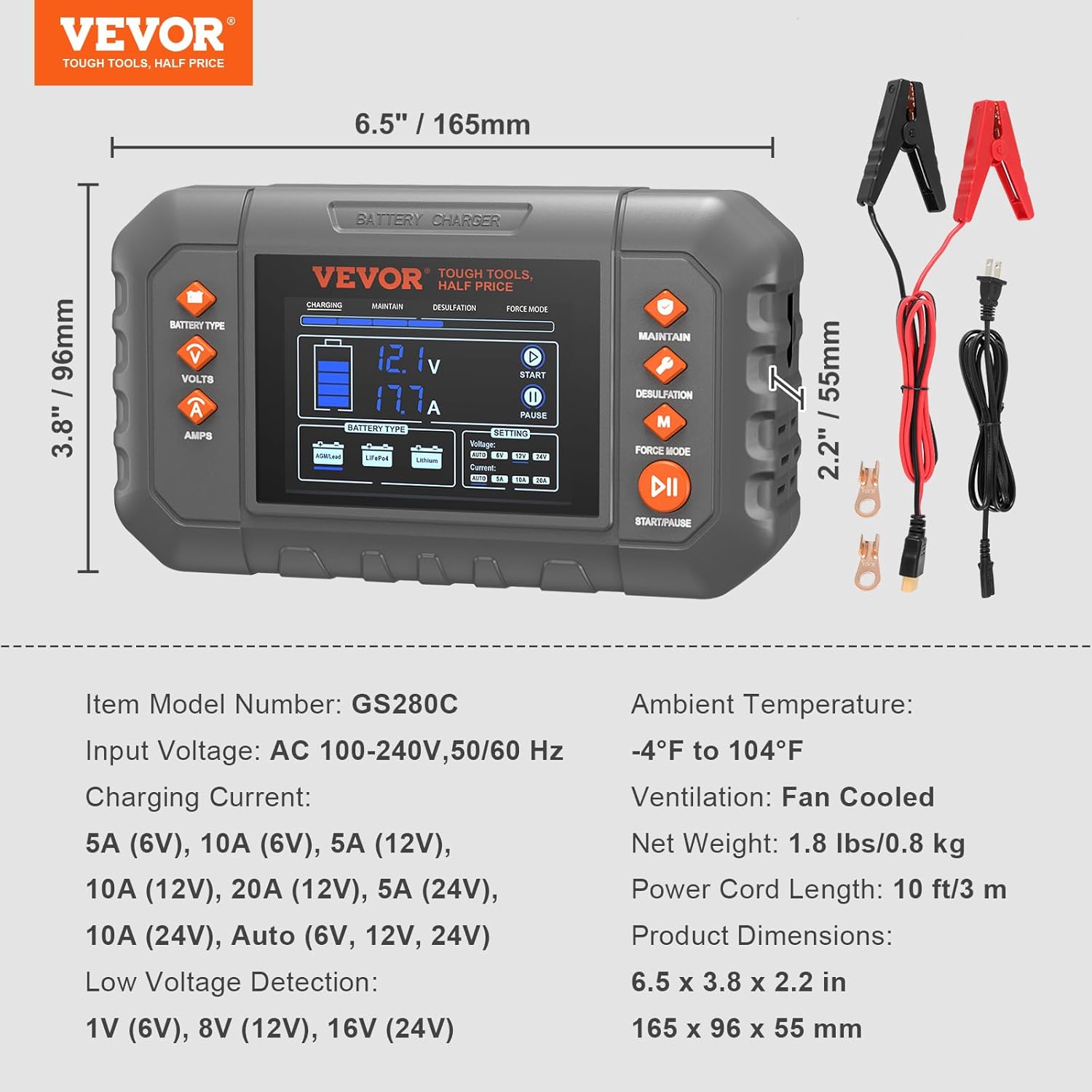 Diagram showing dimensions and key specifications of the VEVOR Smart Battery Charger GS280C