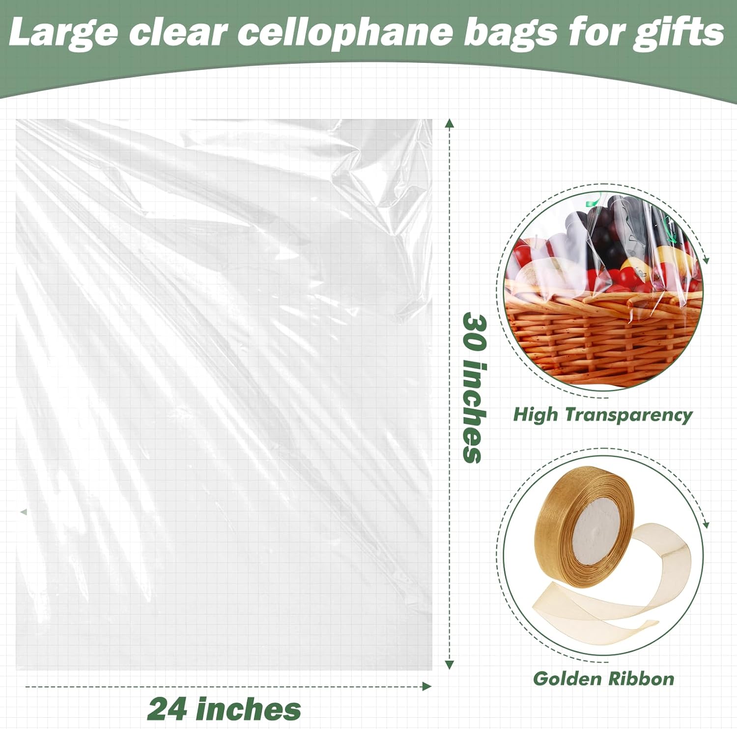 Circloophs 100 Packs Large Clear Cellophane Basket Bags 24" x 30" Cellophane Basket Gift Bags Heavy-duty Plastic Wrapping Paper for Gifts, Arts, Crafts, Treats, Gold Chiffon Ribbon