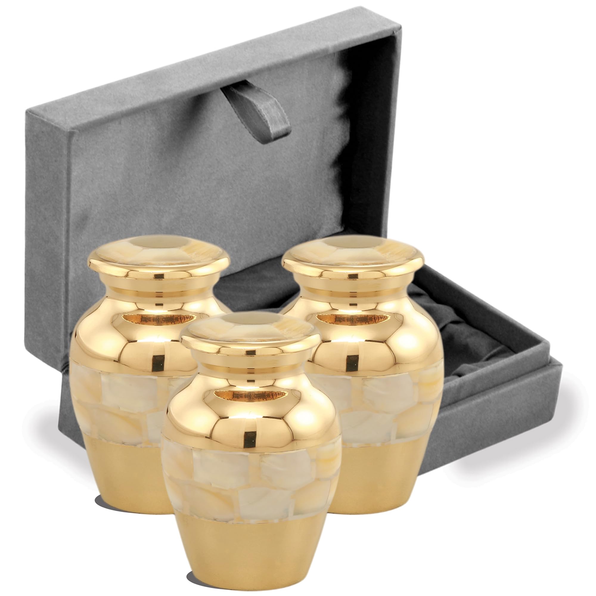 Forever URNS Mini Cremation Funeral-Urn |Classic MOP Theme for Human Ashes of Female & Male| high-Grade Brass |3 cu in |Set of 3 |Small |Multicolor |Completely Handcrafted with Velvet Protection Box