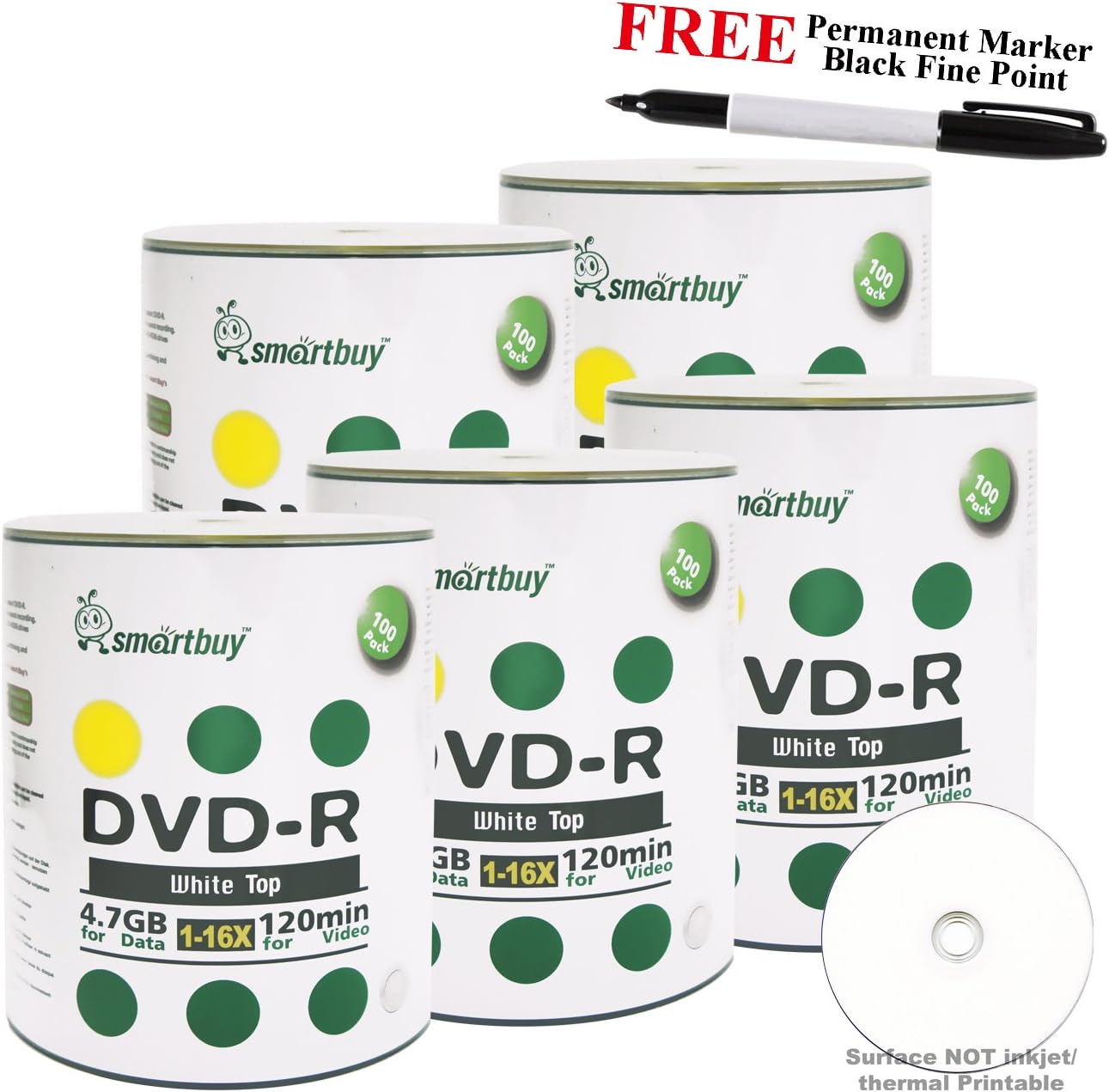 Smartbuy 500-disc 4.7GB/120min 16x DVD-R White Top Blank Media Record Disc + Black Permanent Marker