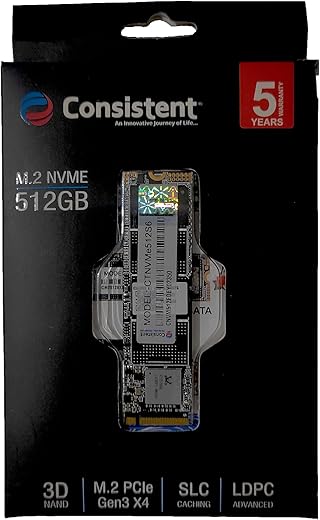 Consistent 512 GB NVMe PCIe M.2 SSD 2280, 3D NAND with SLC Cache, Up to 2200MB/s, Ultra Low Power Consumption, Thermal Management and Silent…
