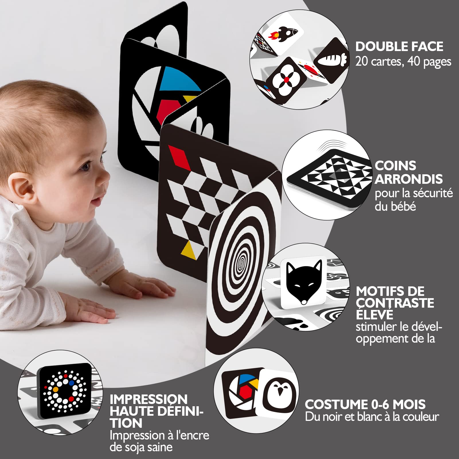Kit D’éveil Hahaland 0-3 Mois – Cartes Noir/blanc, Anneau De Dentition, Hochet Sonore, Jeu Sensoriel Portable Pour Nouveau-né