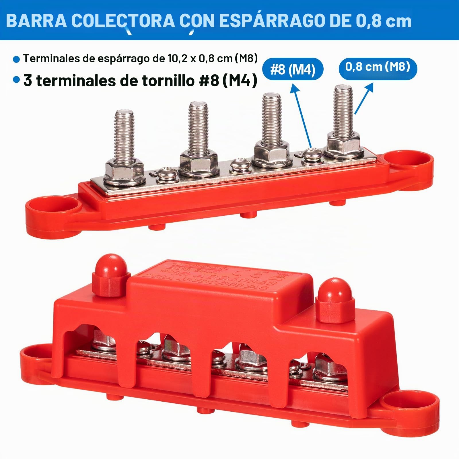 Spurtar Bloque de Distribución de Energía de Barra Colectora con 4x M8 Pernos y 3x M4 Tornillos 12V–48V 250A para Coche, Barco, RV 16,5 × 3,4 × 4,8 cm – No Apto Para Espacios Reducidos