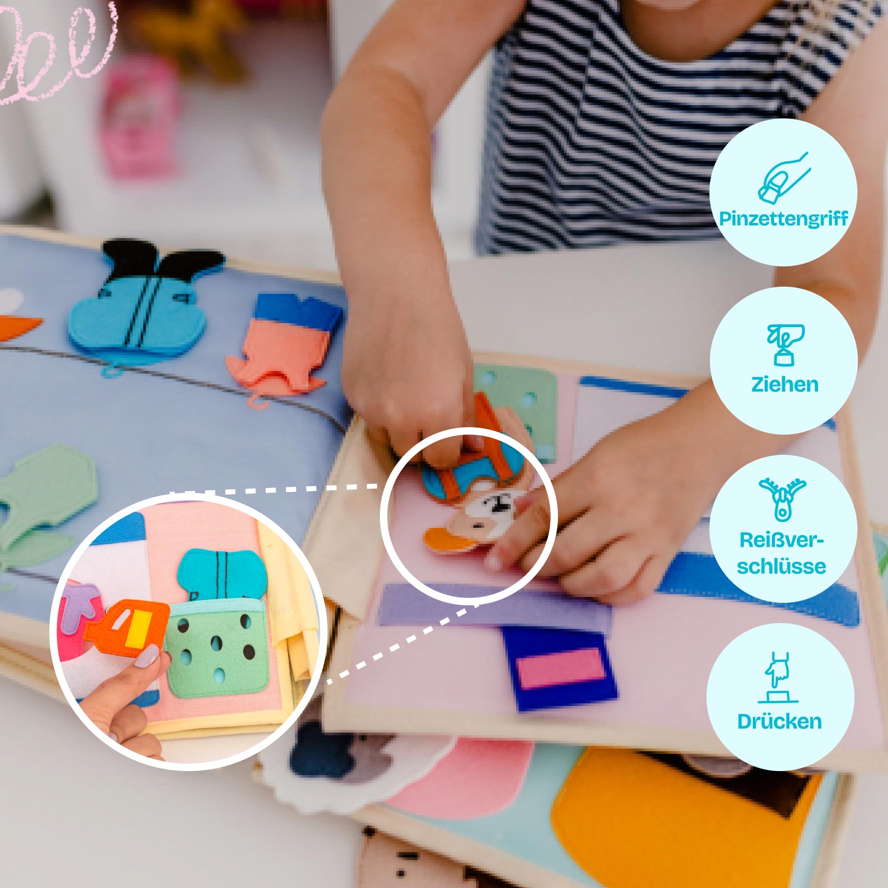 Jolly Designs – Mein erstes Fahrrad - 6 Seiten Quiet Book – Montessori Spielzeug ab 18 Monaten – Motorik & Sensorik fördern – Handgefertigtes Filzbuch – Lernspielzeug für Kleinkinder – Busy Book