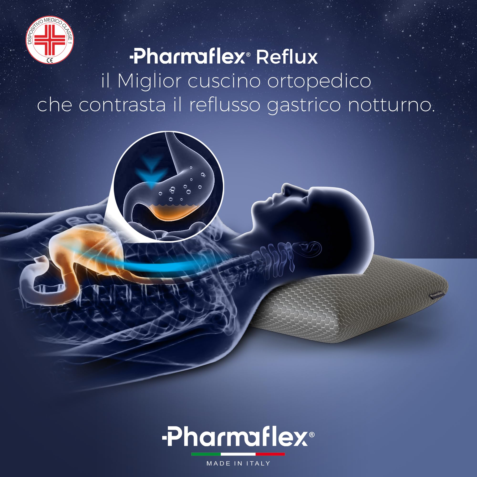 Pharmaflex Reflux - Cuscino Antireflusso Adulti 71x42 Alto 18 cm Ortopedico, Ultra Comfort e Sostegno con AirCell e Fibra di Carbonio, Cuscino Letto Cervicale Traspirante, Guanciale Medico Anallergico