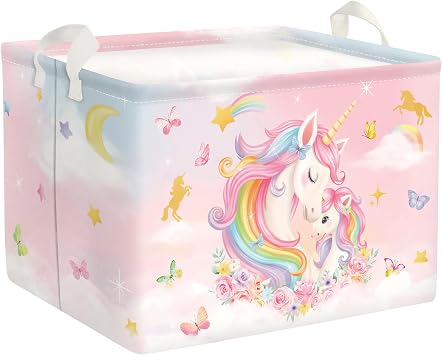 Adorable Unicorn Storage Basket for Parents Organizing Kids Toys Clothes Large Girls Gift Toy Box Bin Laundry Hamper for Bathroom Shower,Flowers,36L