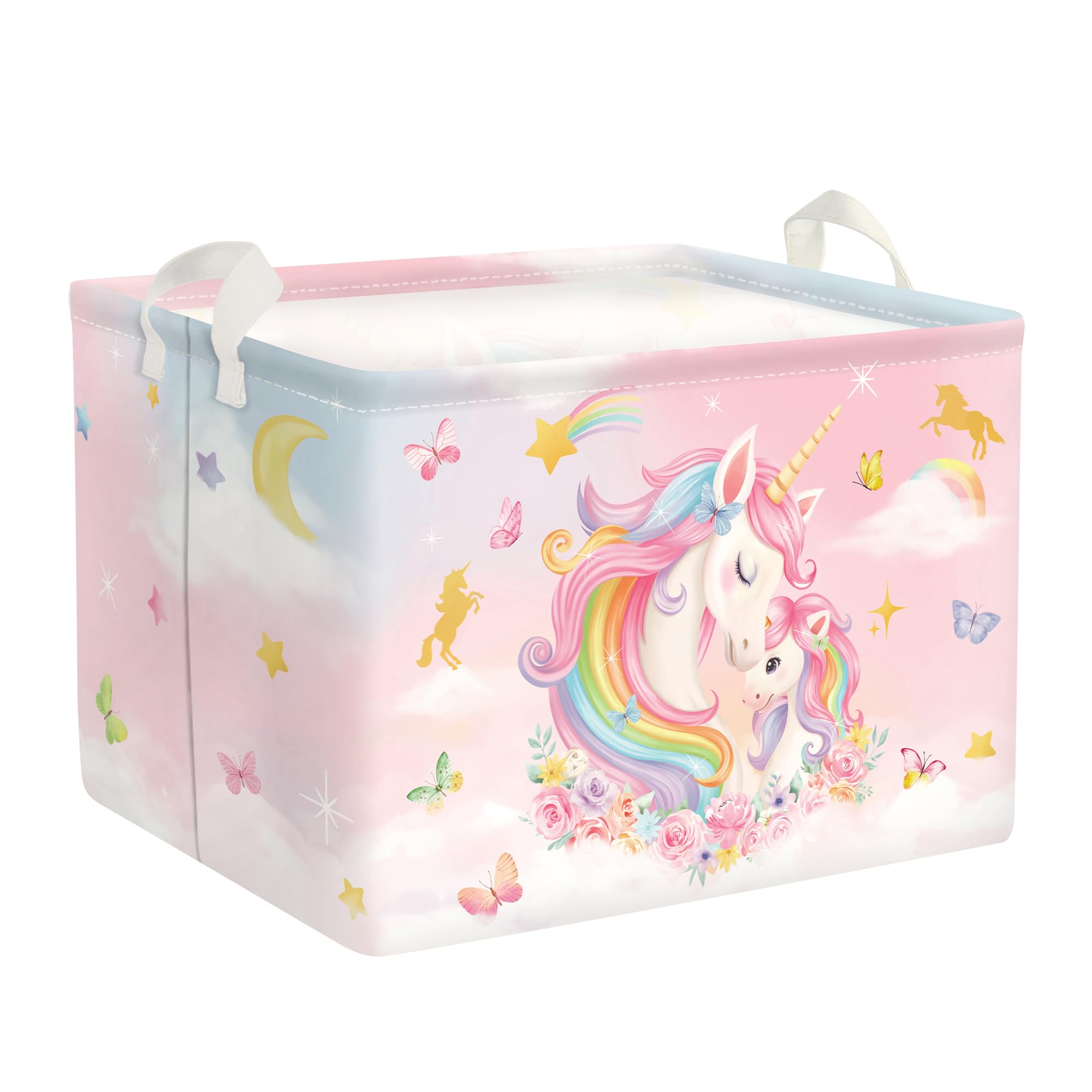 HUUMONSS Entzückendes Einhorn Groß Wäschekorb Regenbogen Wolke Stoff Aufbewahrungskorb Kleidung Spielzeug Aufbewahrungsbox für den Heimgebrauch,Blumen,36L