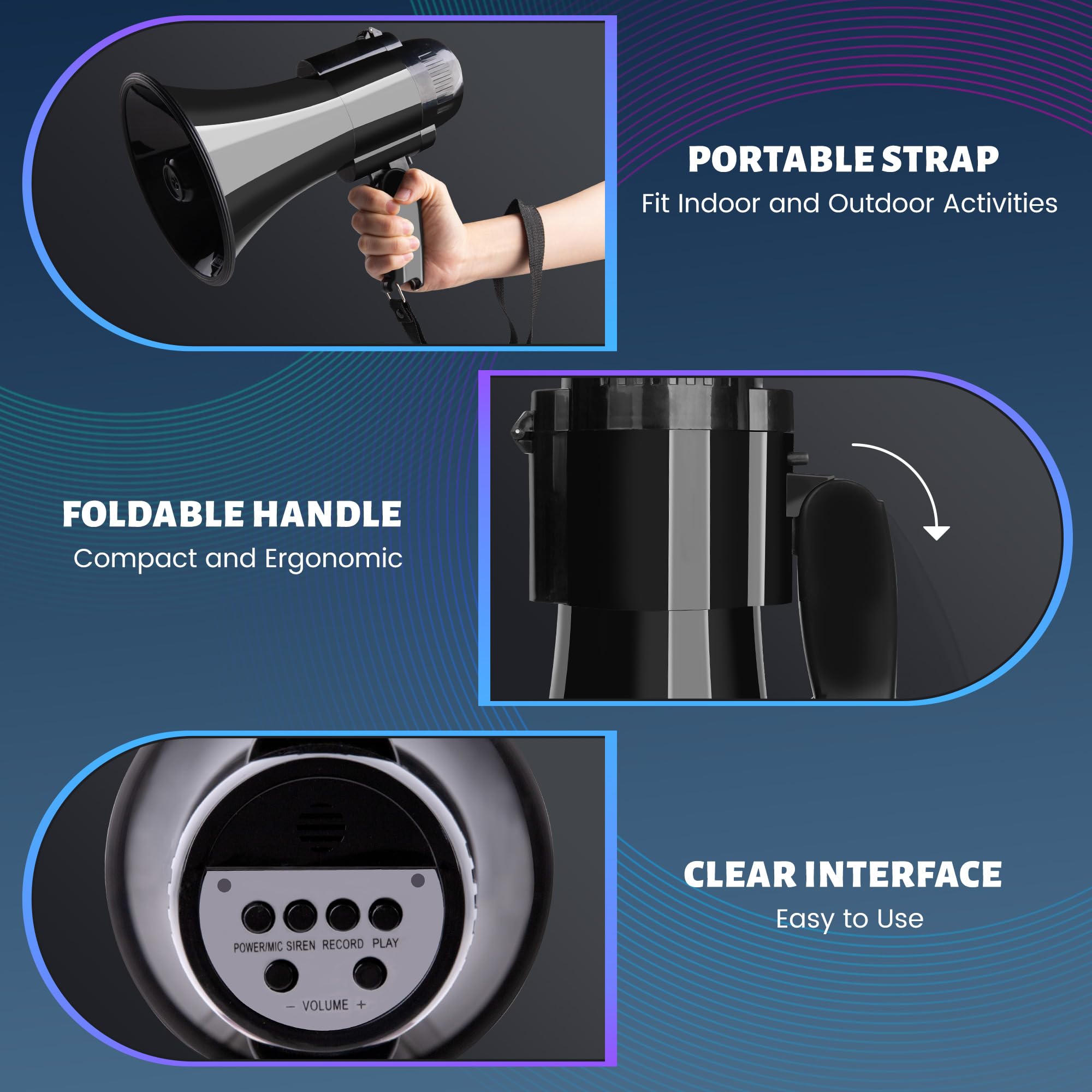 Megáfono Bullhorn 30W portátil altavoz voz sirena alarma grabación 240S control volumen correa negro