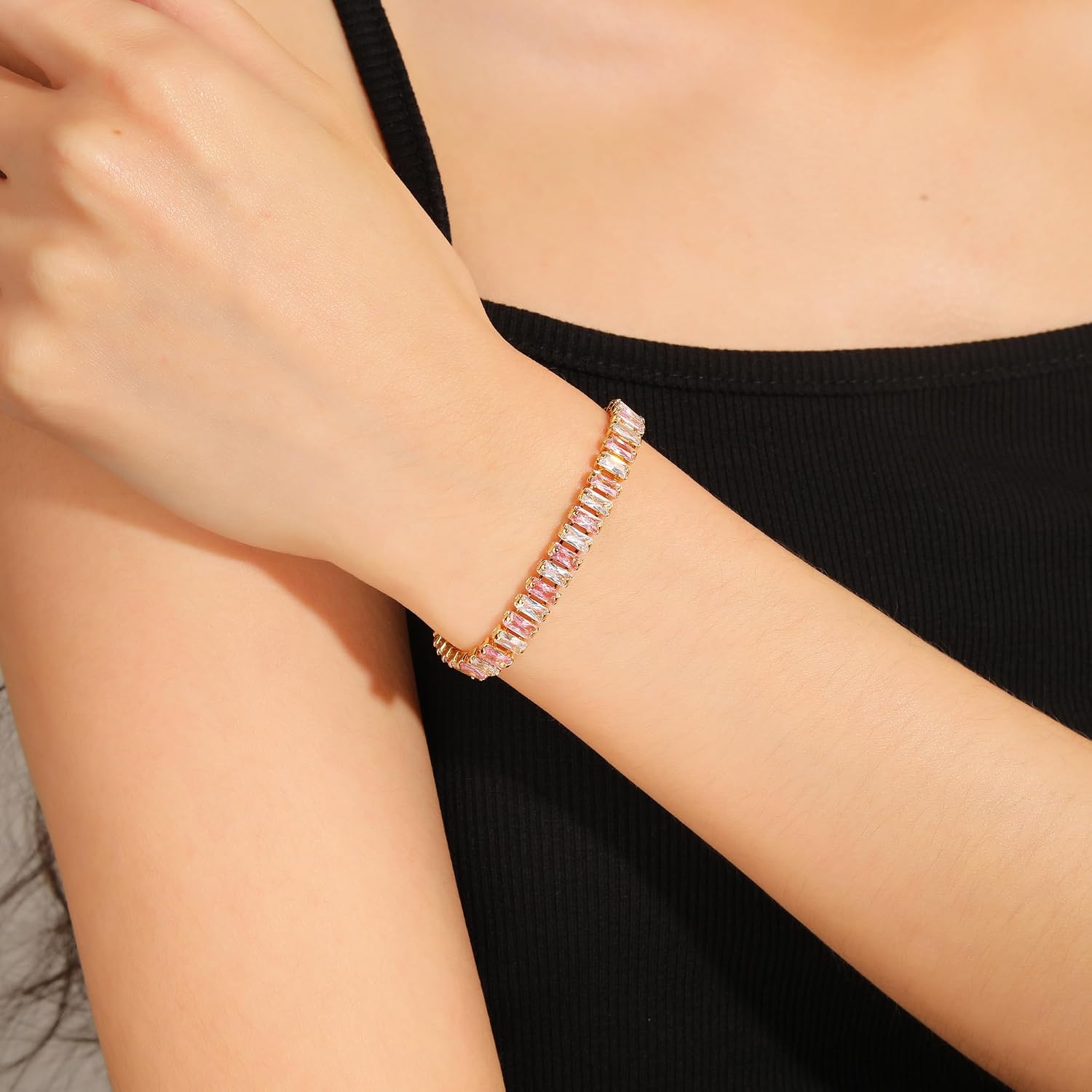 18K Gold Plated 5.0mm Pink Cubic Zirconia Tennis Bracelet|5.9-7.5in Multi-Size Classic Women's Tennis Bracelet