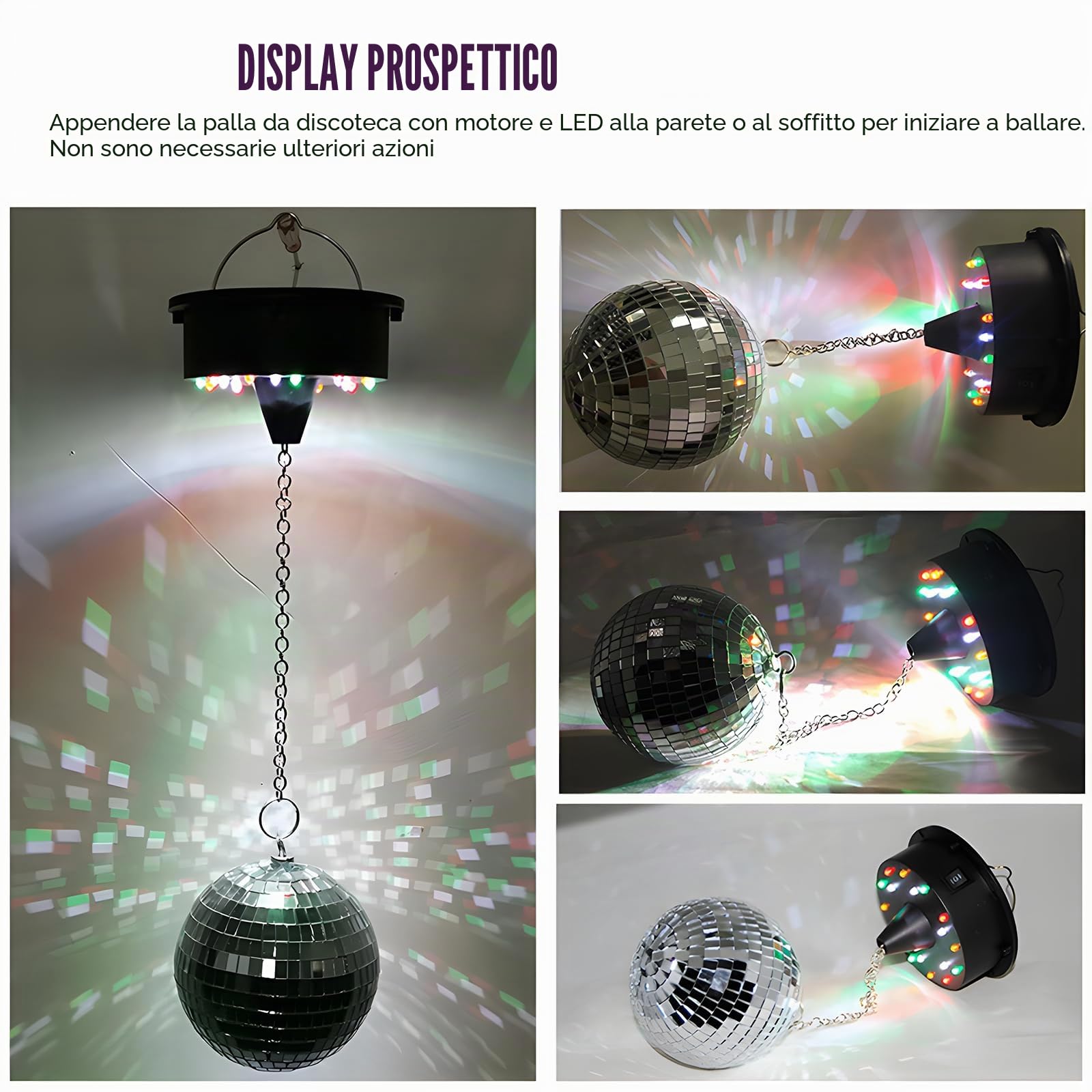 Sfera da discoteca 12 cm con motore e LED, Sfera a specchi rotante con 18 perline LED, alimentata a batteria, palla da discoteca con occhiello metallico, decorazione palla da discoteca per feste
