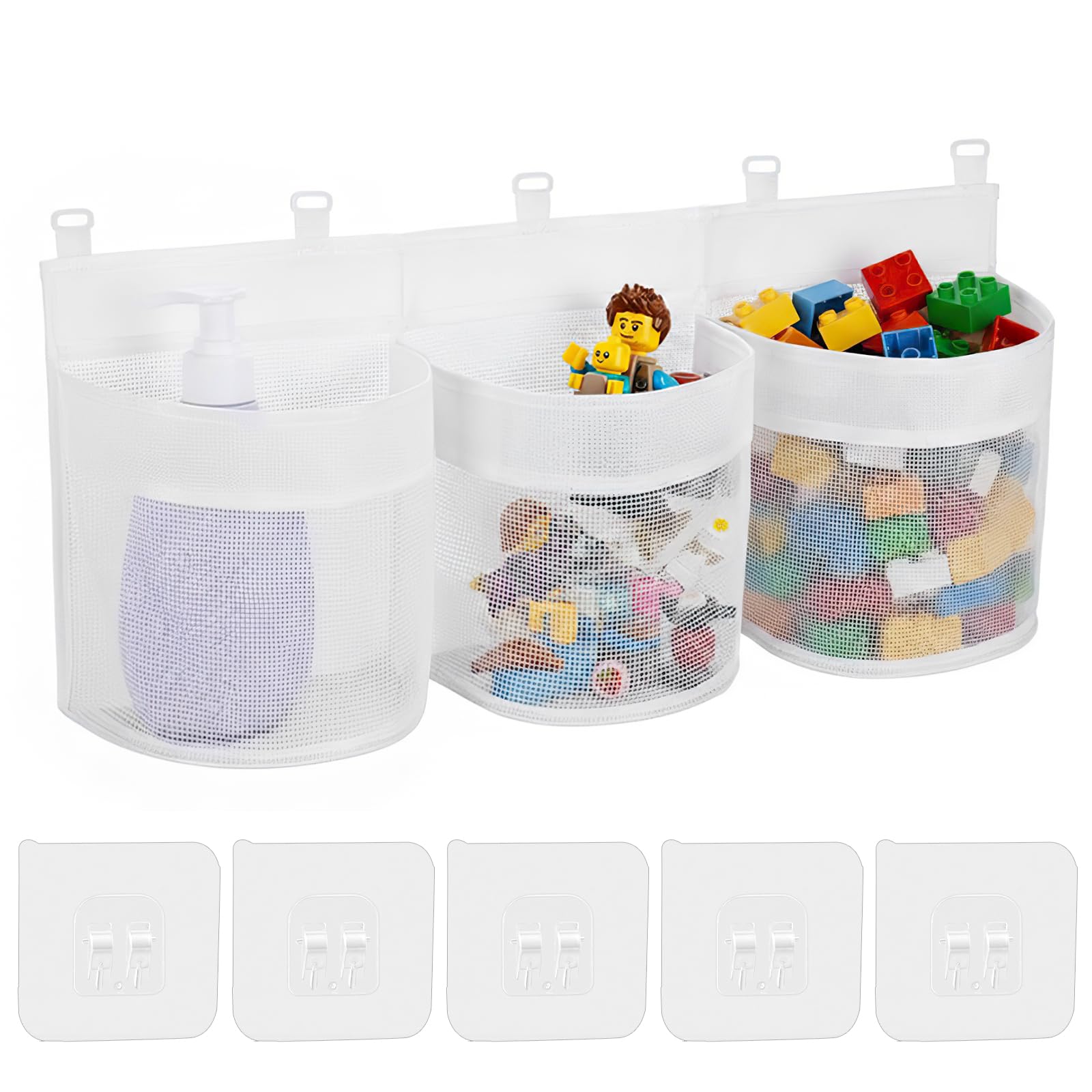 Bath Toy Storage,60cm Bath Toy Organiser,Hanging Bath Toy Net,Large Openings Bath Toy Storage Bags with 3 Compartment,Bath Toy Holder with 5 Strong Adhesive Hooks for Bathroom Tidy