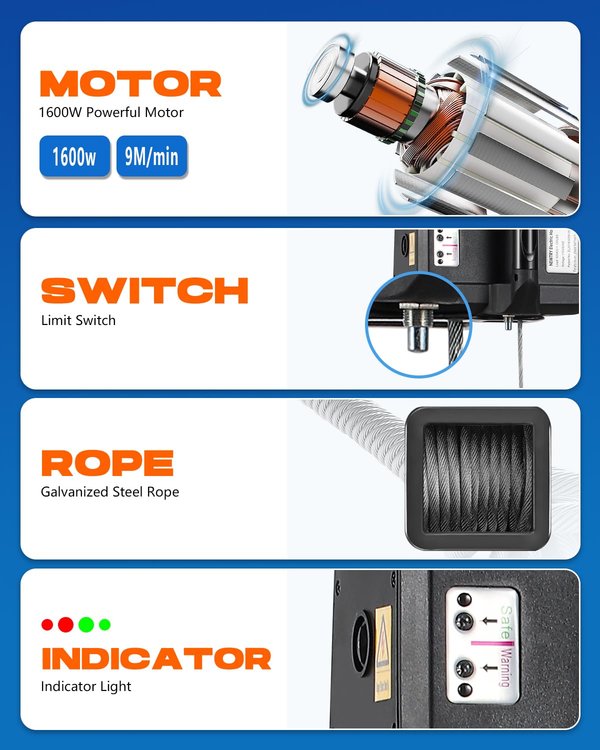 NEWTRY 1600W Paranco elettrico 500 kg PRO, con telecomando da 100 m e comando a filo da 5 m, sollevamento massimo di 9 m, ganci doppi più sicuri con istruzioni in italiano