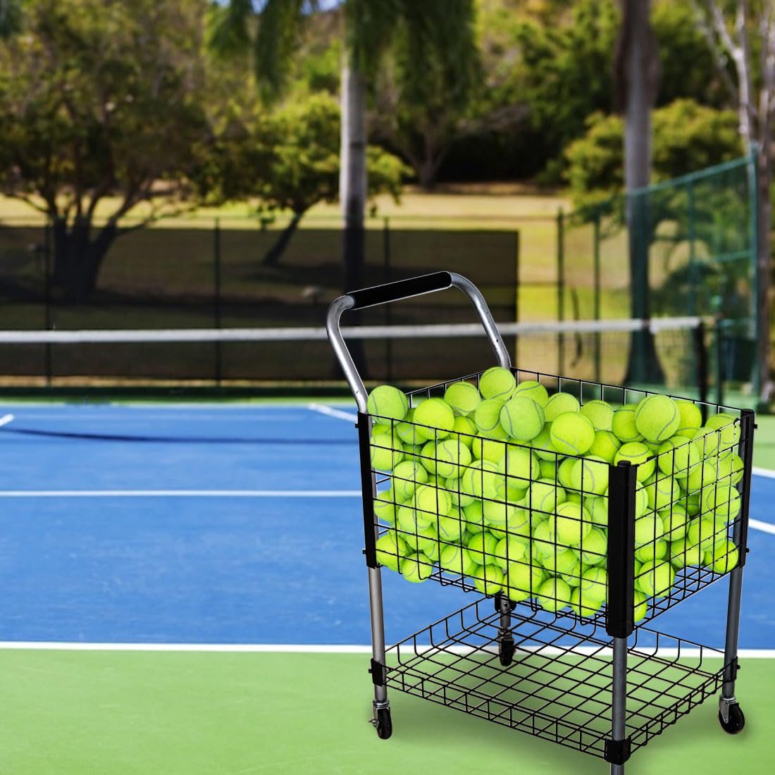 Carro para Pelotas de Tenis con Ruedas, Malla, Puerta y Cerradura, Canasta para Pabellón
