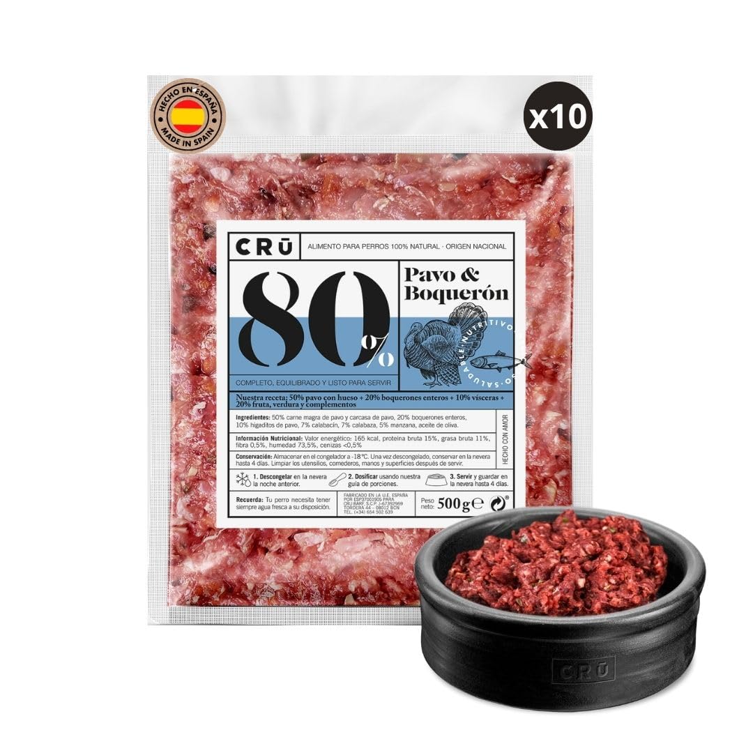 CRU - Dieta Barf para Perros de Pavo y Boquerón - Comida Natural Perros Cruda y Congelada - Comida para Perros Pequeños y Grandes - 10 Paquetes de 500g (10 Paquetes, Pavo & Boquerón)