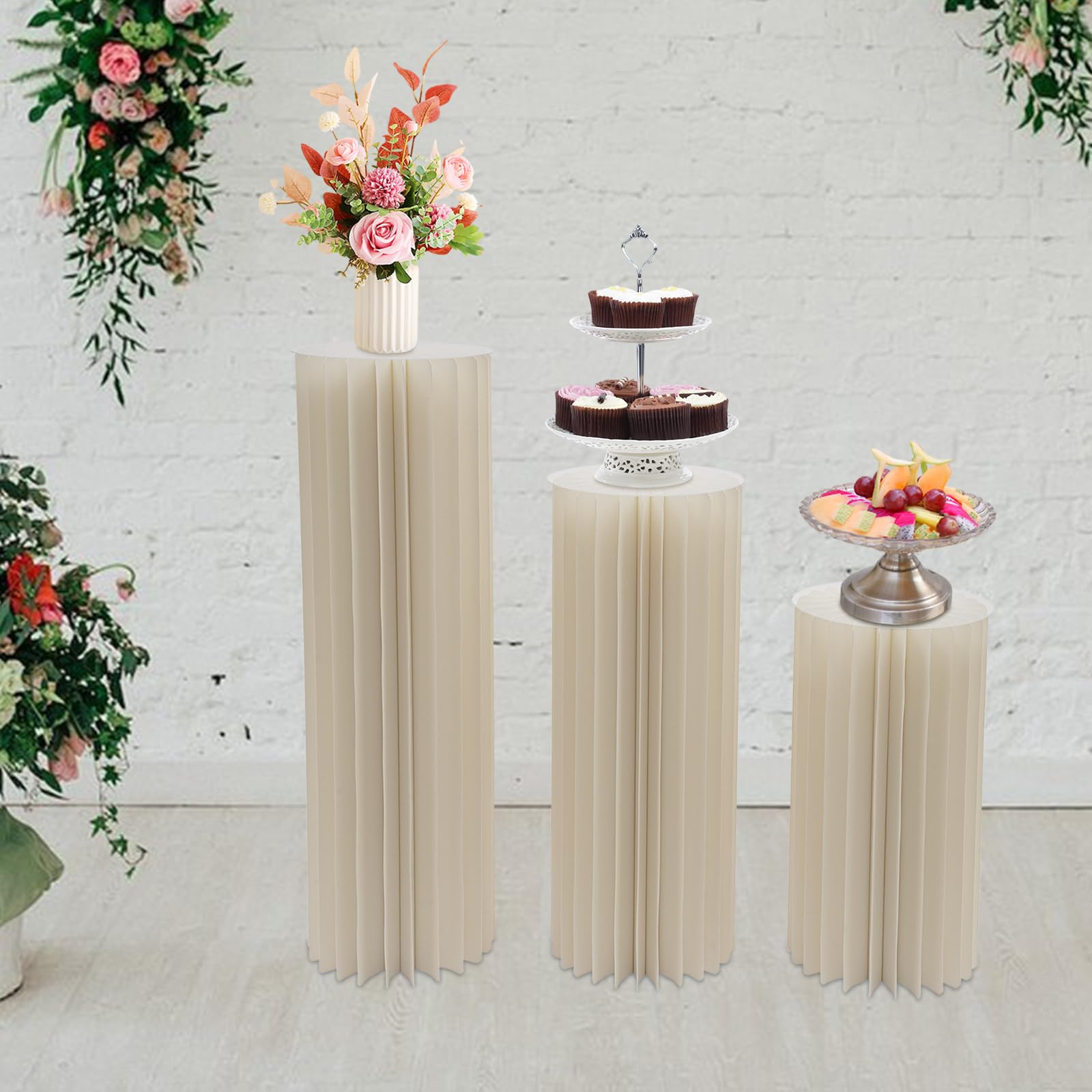 Lot De 3 Colonnes Fleurs Carton, colonnes de fleurs en carton pour mariage, Support Centre De Table Rond, Présentoir Cylindre Blanc Laiteux PVC, Décoration Mariage Autonome, Capacité 30Kg, 60/80/100Cm