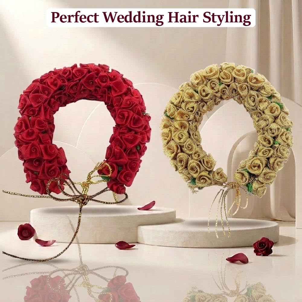 Gozby WellPoint Artificial Flower Gajra Bun Juda Maker | Red Rose & Golden Floral Hair Accessories for Women & Girls | Bridal Hair Bun Decoration for Wedding & Festivals | Pack of 2 3