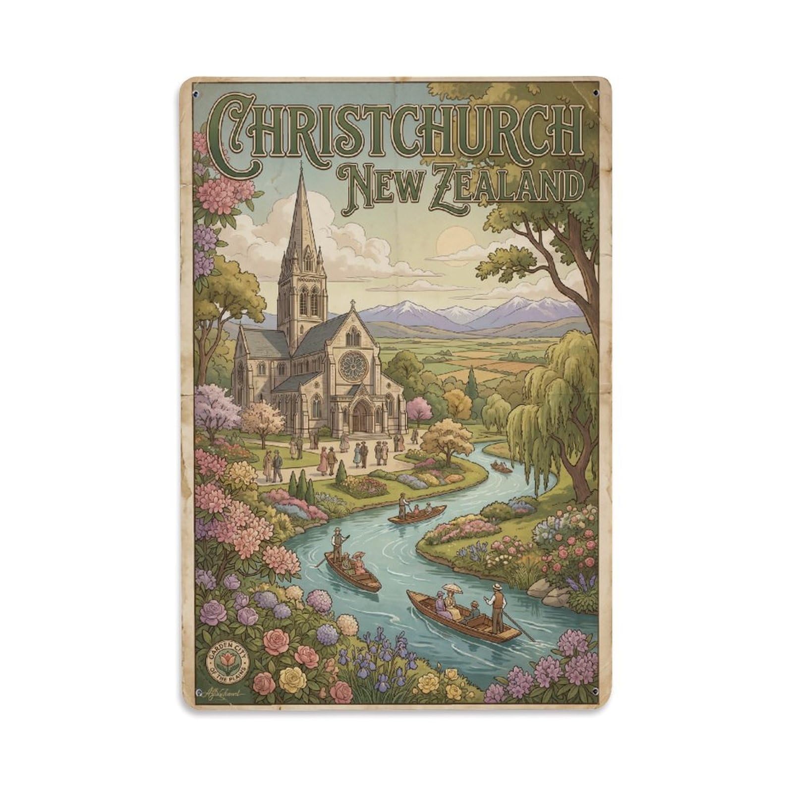 Gead 8X12inch Style New Zealand Christchurch Vintage Travel Metal Tin Sign