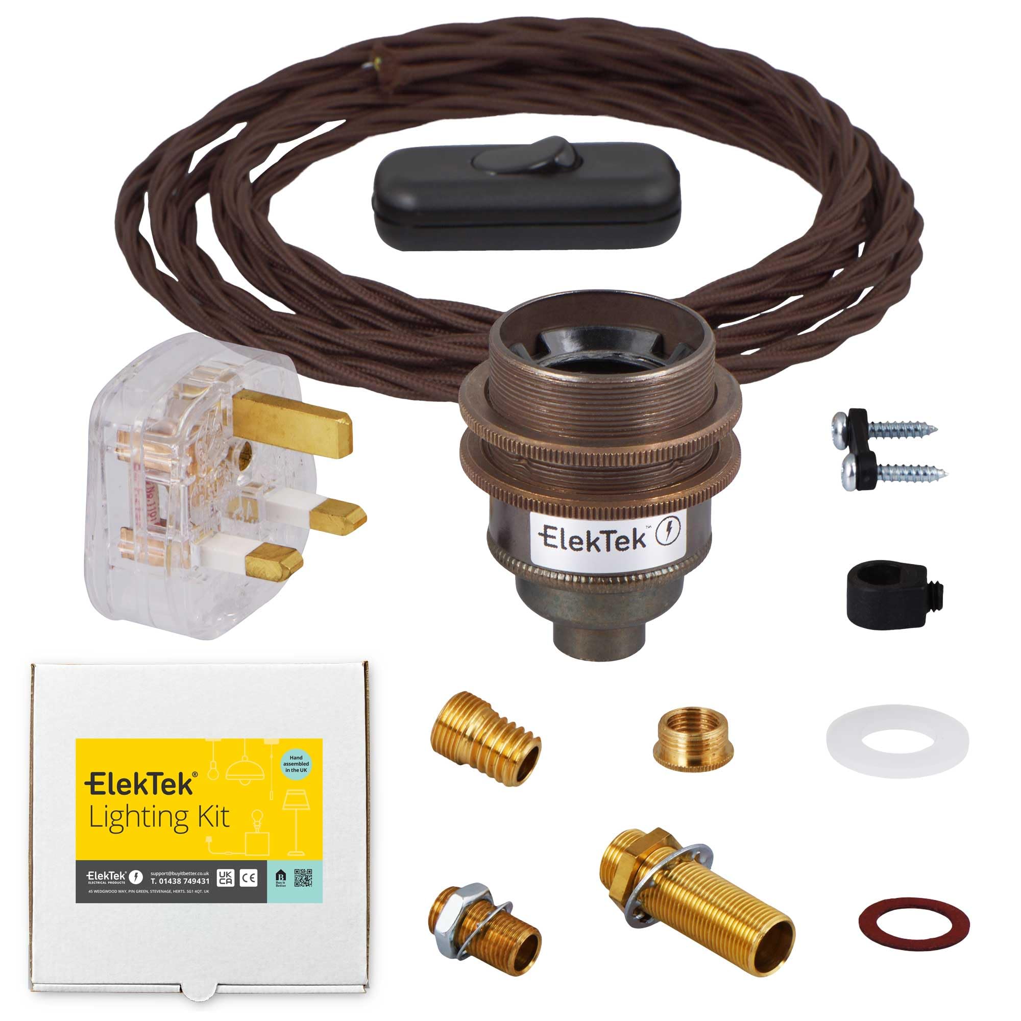 ElekTek Premium Lamp Kit Antique Brass Shade Ring E27 Lamp Holder with Twisted Brown Flex, In Line Switch and 3A UK Plug