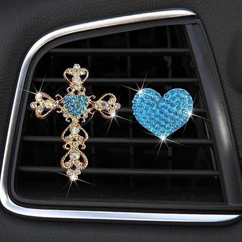 Paquete de 2 clips de ventilación para automóvil, accesorios brillantes para la ventilación del automóvil, con cruz de cristal y corazón, clip de