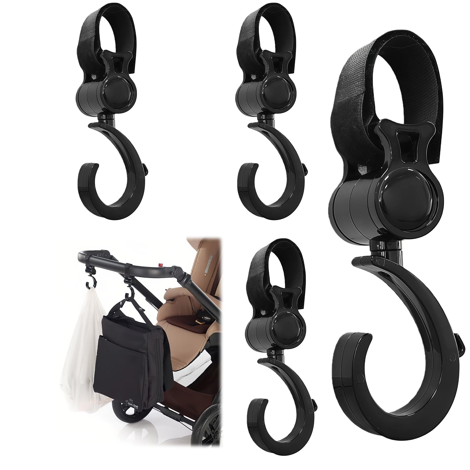 Tel Charme * 4-Pack 360° Rotating Walker Hooks – Universal Stroller Hangers for Diaper Bags, Wheelchairs, Shopping Carts & Car Back Seat (Black)