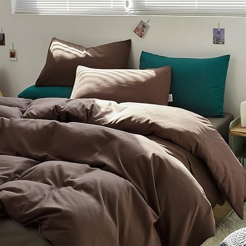 Miniatura 3 de Pureant Juego de edredón de color marrón liso, tamaño individual, ropa de cama de algodón para hombre, color marrón oscuro, edredones de color