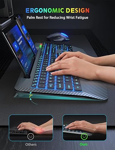 Miniatura 3 de Retroiluminación inalámbrica para teclado y mouse, reposamuñecas, mouse Jiggler, teclado ergonómico recargable con soporte para teléfono, combo de