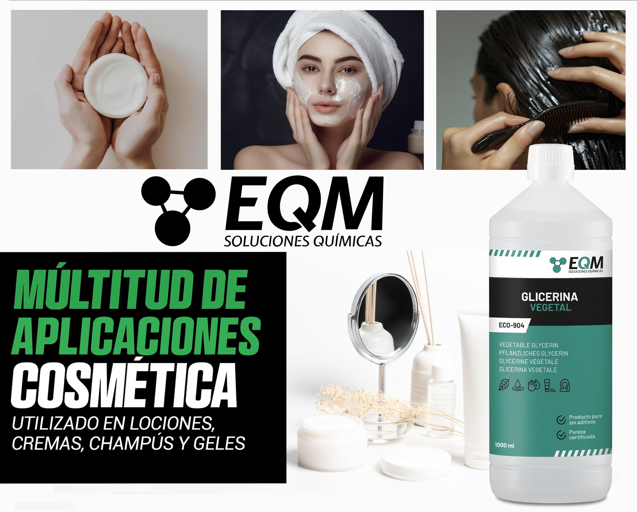 EQM - ECO-904 - Glicerina Vegetal Líquida - 1L - Grado farmacéutico - Hidratante natural cabello y piel - Ideal para jabones, champús, cremas, etc