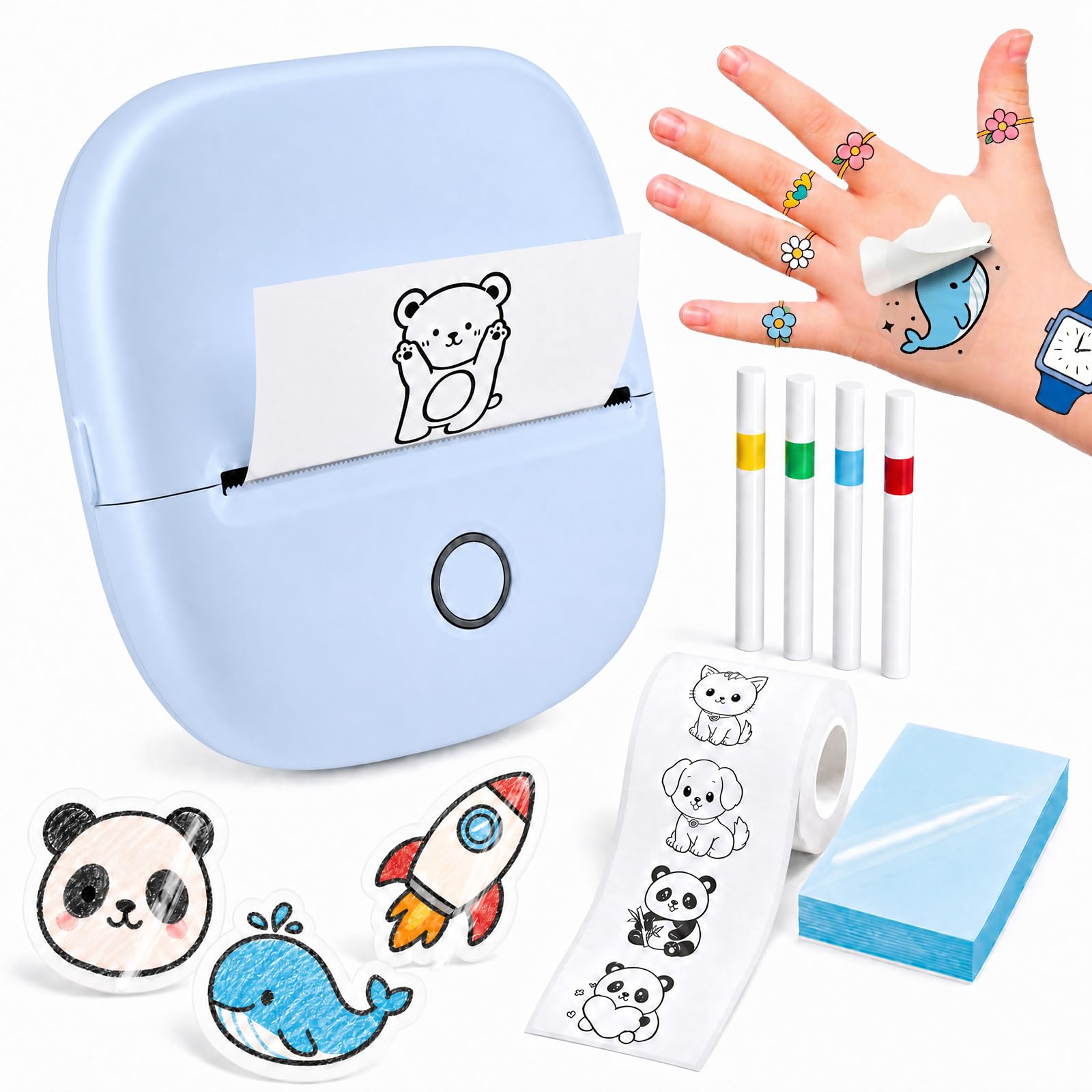 Stampante Tatuaggi per Bambini,Kit Fai da Te Senza Inchiostro con App IA, 40 Fogli per Tattoo e 4 Pennarelli, Giochi Creativi Lavabili Regalo 5-12 Anni (Blu)